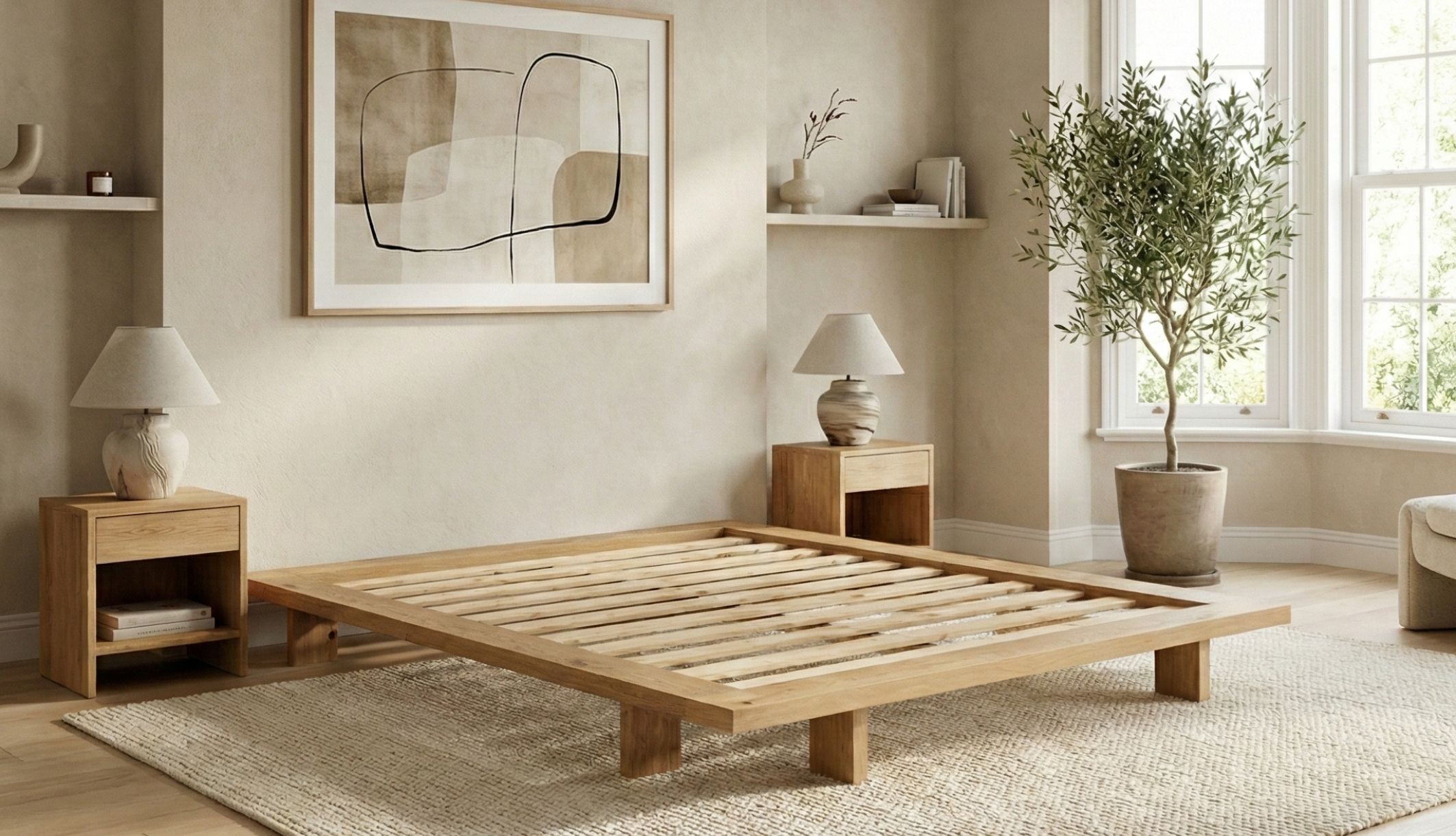 Lit futon en bois de chêne massif dans une chambre au style japandi