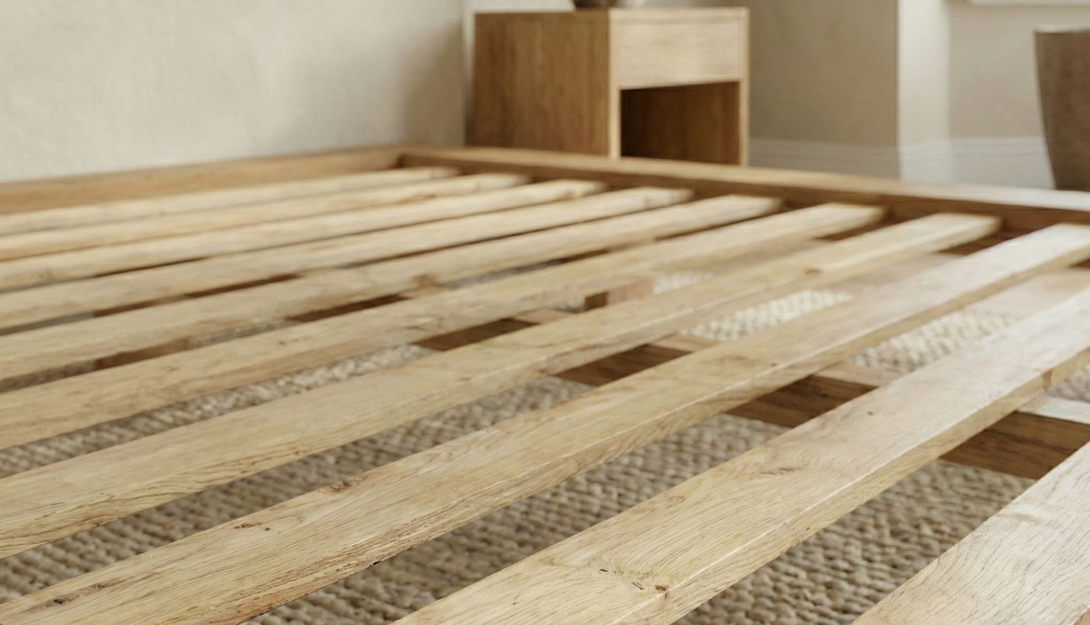 Zoom sur les lattes du lit futon en pin massif recouvert d&#039;un parement en chêne