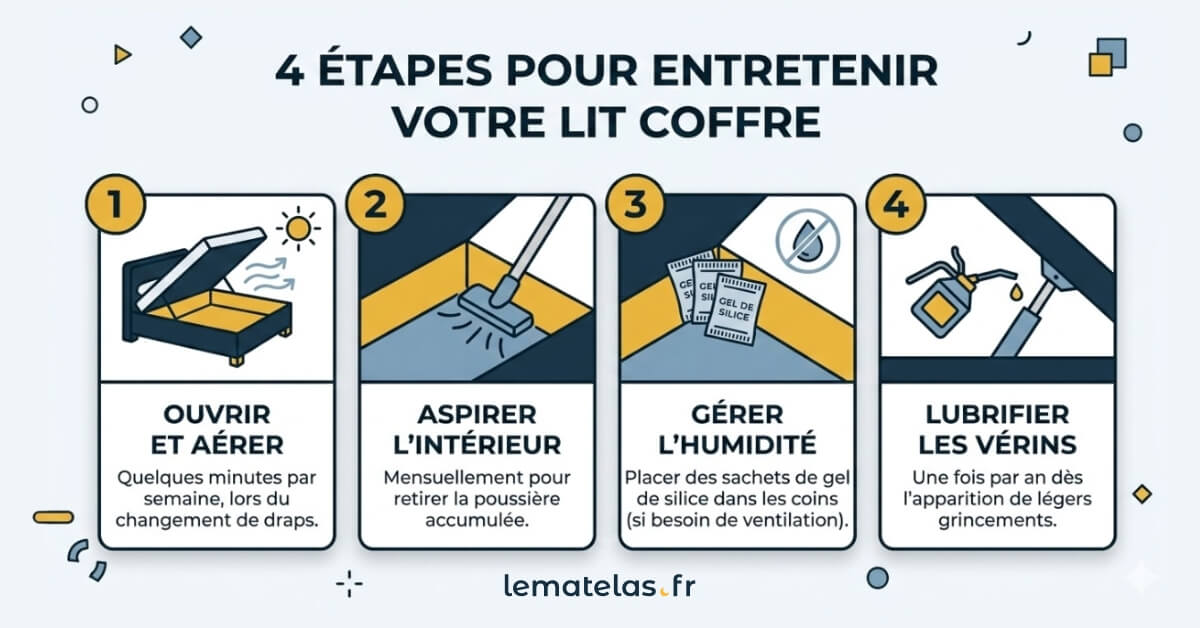 Infographie sur l'entretien d'un lit coffre : aération hebdomadaire, aspiration mensuelle, gel de silice contre l'humidité et lubrification des vérins