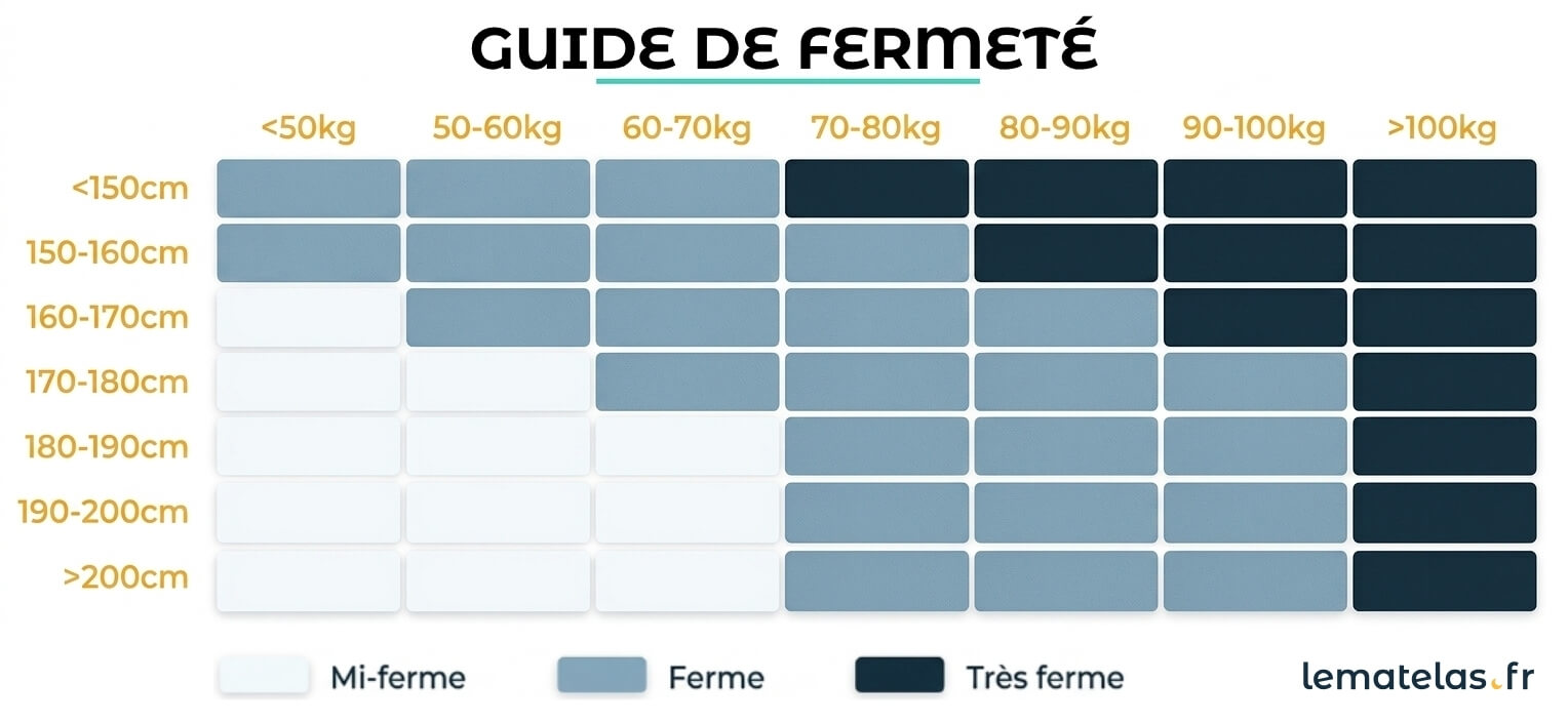 Tableau pour calculer la fermeté du matelas selon la taille et le poids