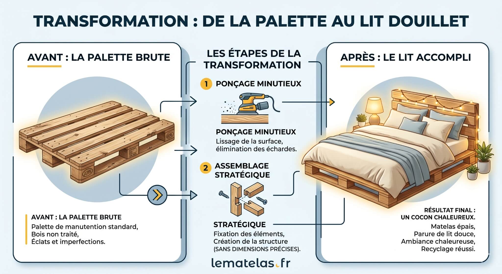 Schéma infographique détaillant la transformation d'une palette de manutention brute en lit design. L'illustration présente les étapes clés de ponçage et d'assemblage, pour aboutir au résultat final : un couchage chaleureux équipé d'un matelas épais et d'une parure de lit douce.