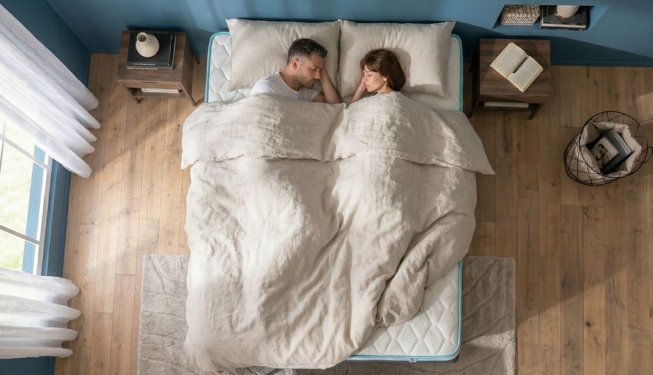 Couple dormant paisiblement sur un matelas ressorts ensachés ferme Merinos Enjoy dans une chambre bleue.