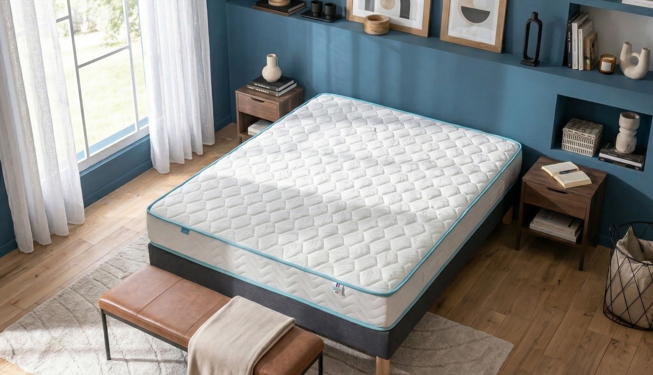 Vue d&#039;ensemble du matelas ferme Merinos avec son coutil blanc surpiqué et ses finitions bleues.