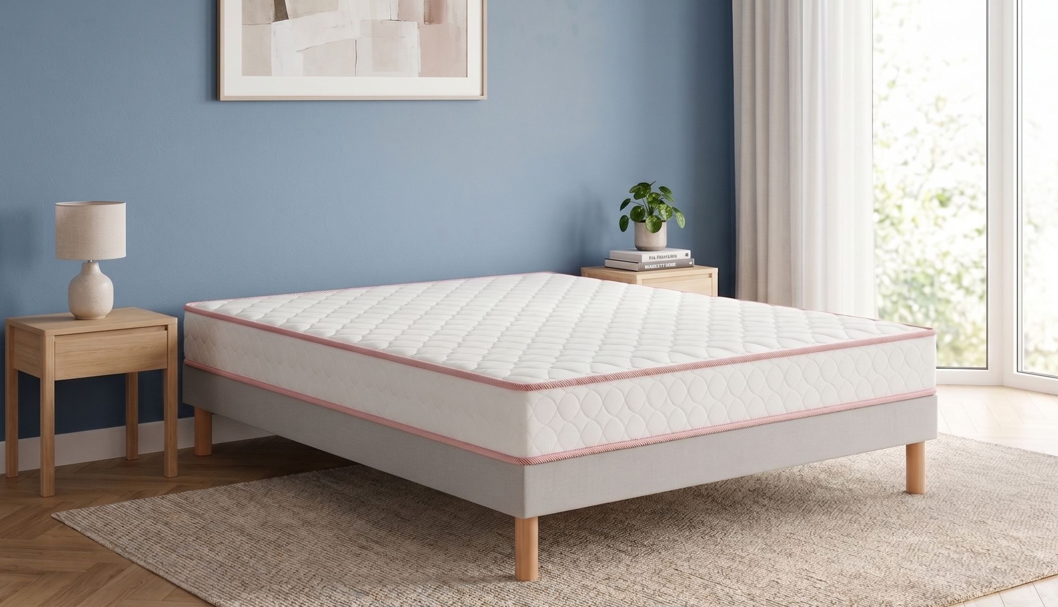 Matelas en ressorts ensachés ferme Merinos Le Chanceux sur sommier gris dans une chambre