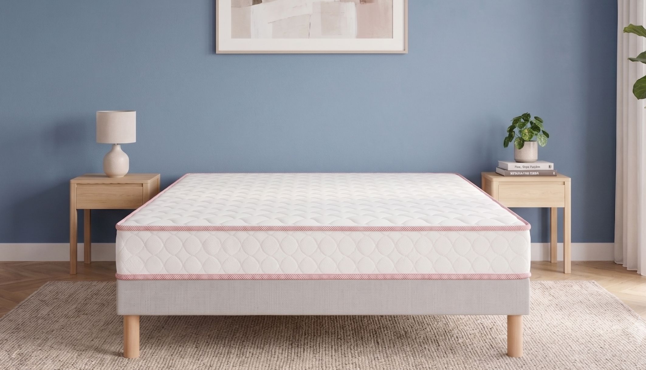 Lit avec matelas ferme Merinos en ressorts ensachés blanc et liseré rose vu de face