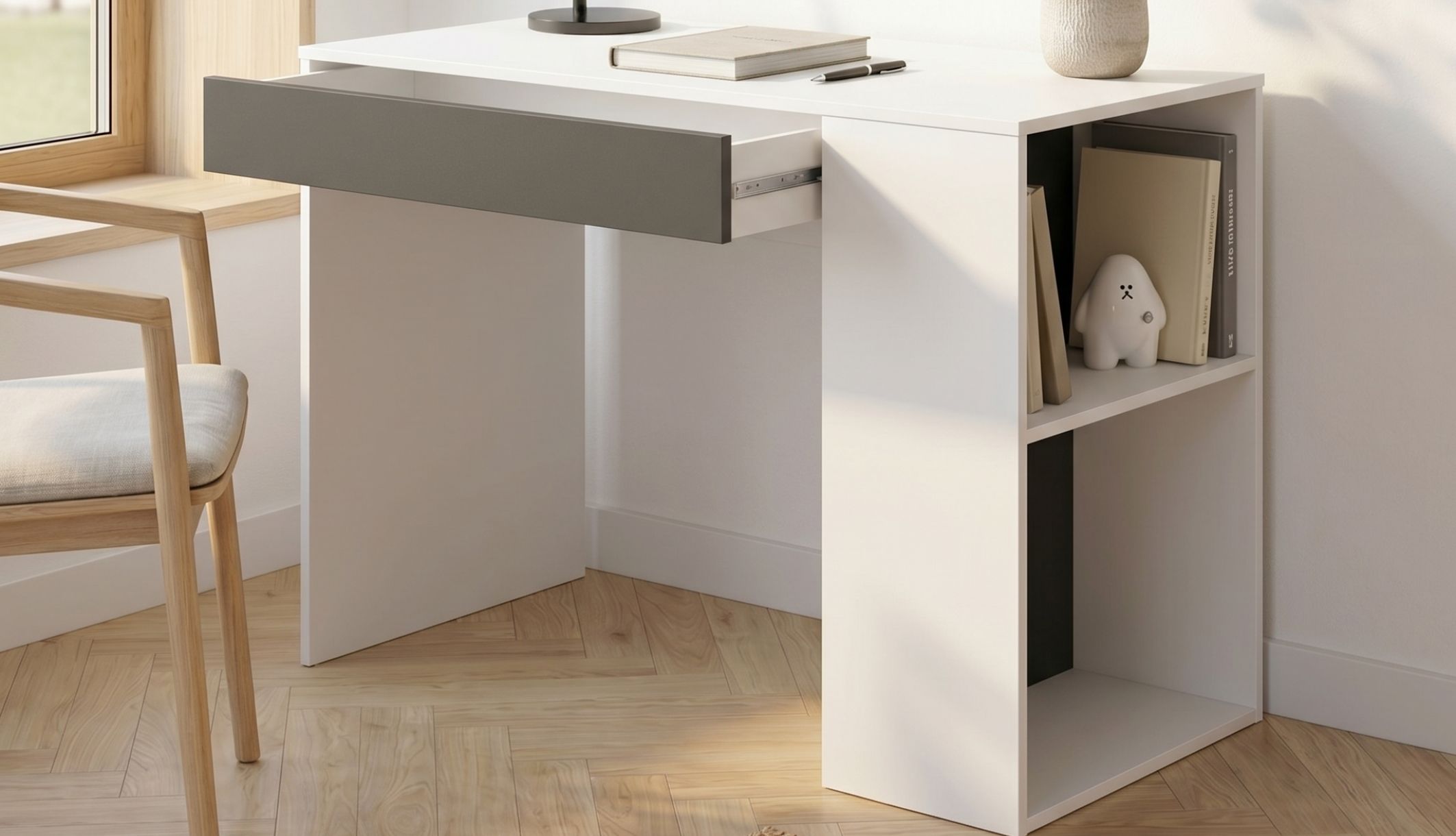 Bureau blanc et gris en panneaux de particules dans une chambre lumineuse et moderne.