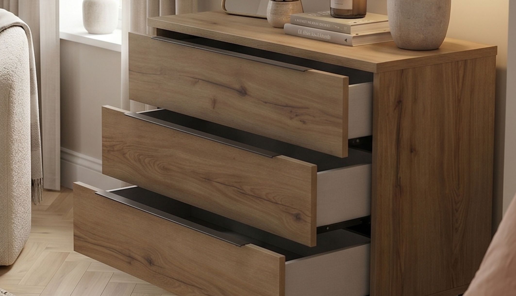 Vue rapprochée sur les rangements ouverts de la commode 3 tiroirs.