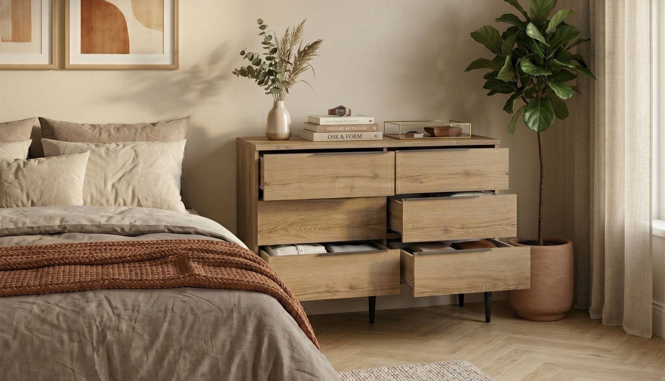 Commode 6 tiroirs en bois de chêne Terre de Nuit vue en angle