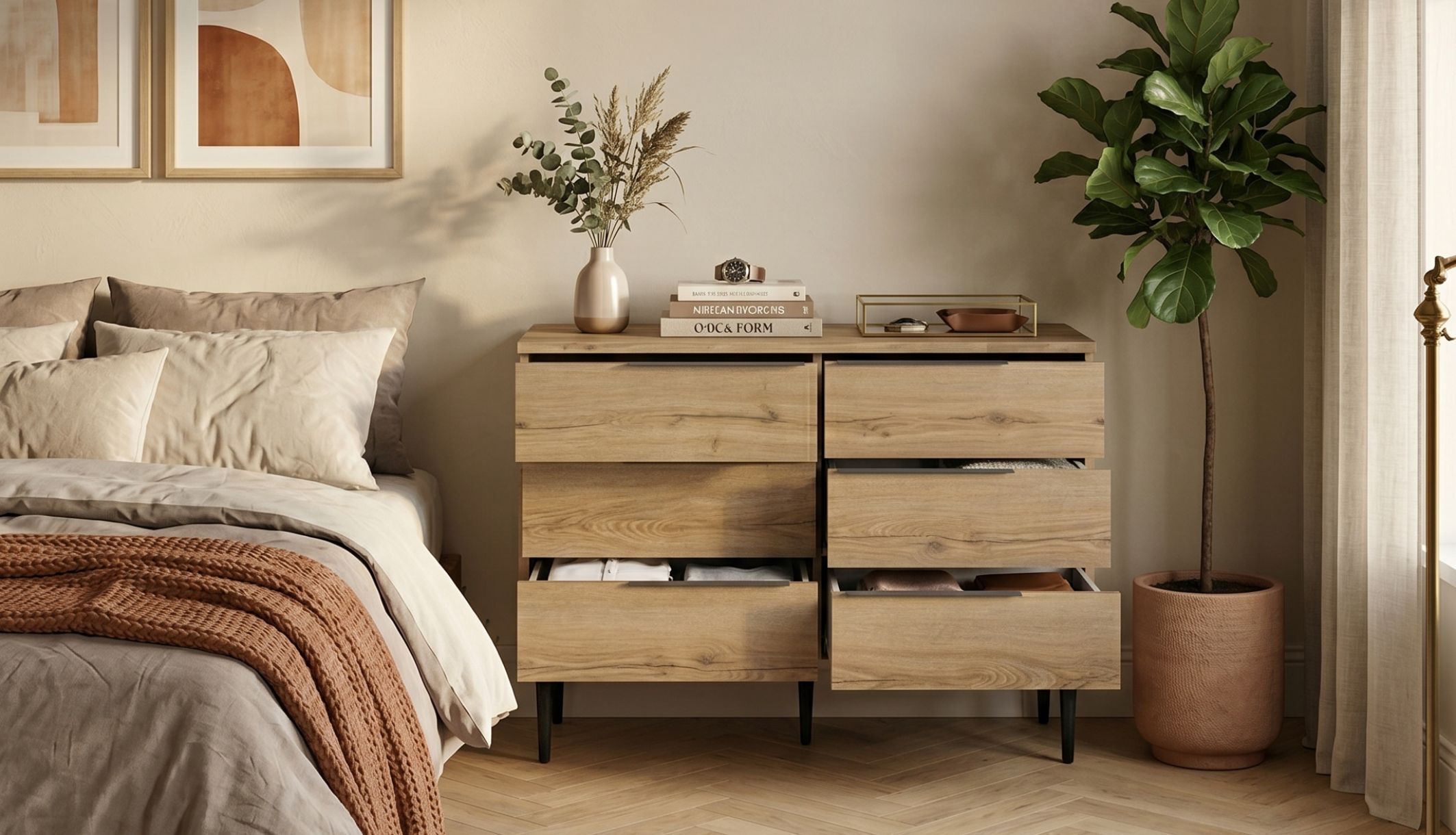 Commode 6 tiroirs installée contre le mur d&#039;une chambre parentale lumineuse.