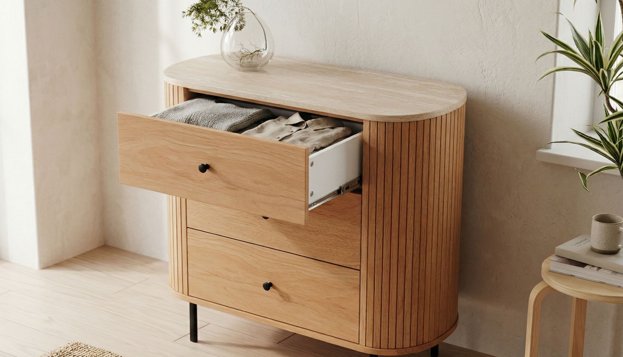 Commode ouverte pour montrer la capacité de rangement 