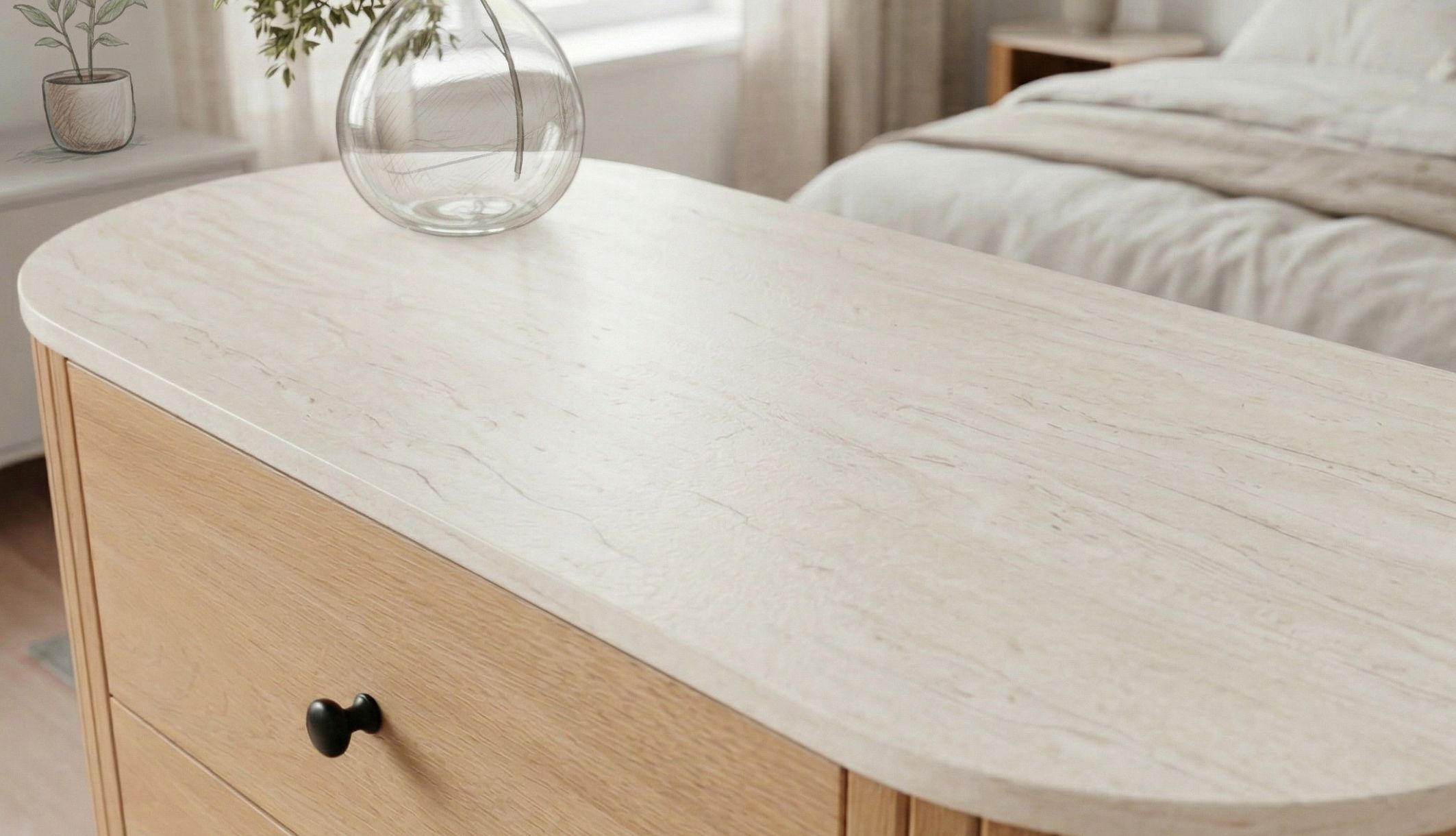 Zoom sur l&#039;effet travertin de la commode Terre de Nuit