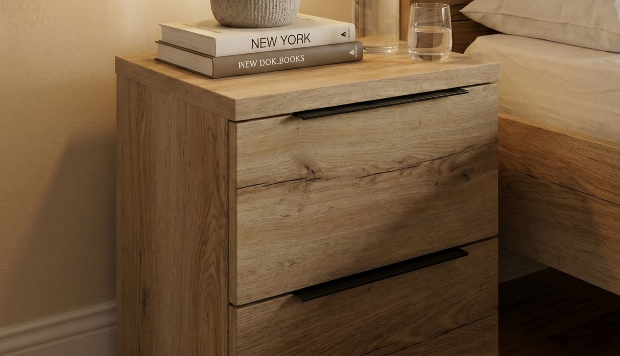 Zoom sur le chevet en bois chêne Luce avec ses poignées profilées noires au design moderne.