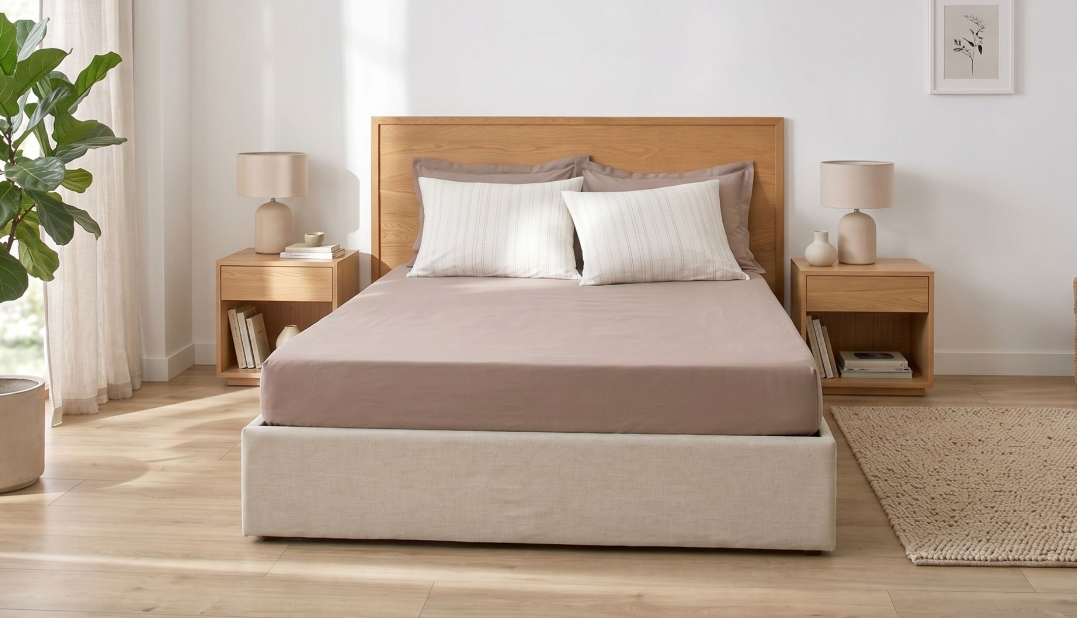 Lit double décoré avec le drap housse Ambre dans une chambre lumineuse