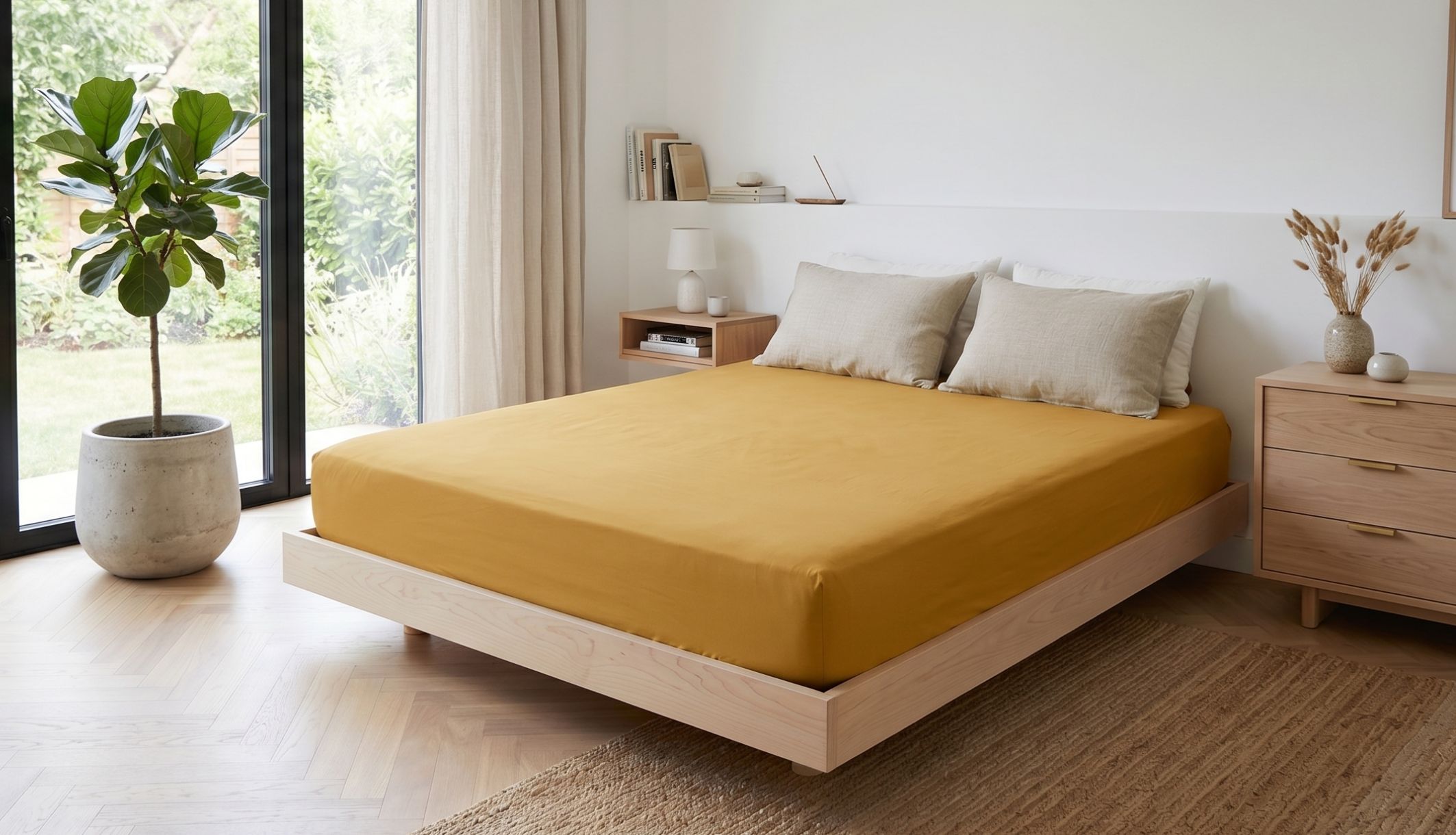 Lit double décoré avec le drap housse Margot dans une chambre lumineuse