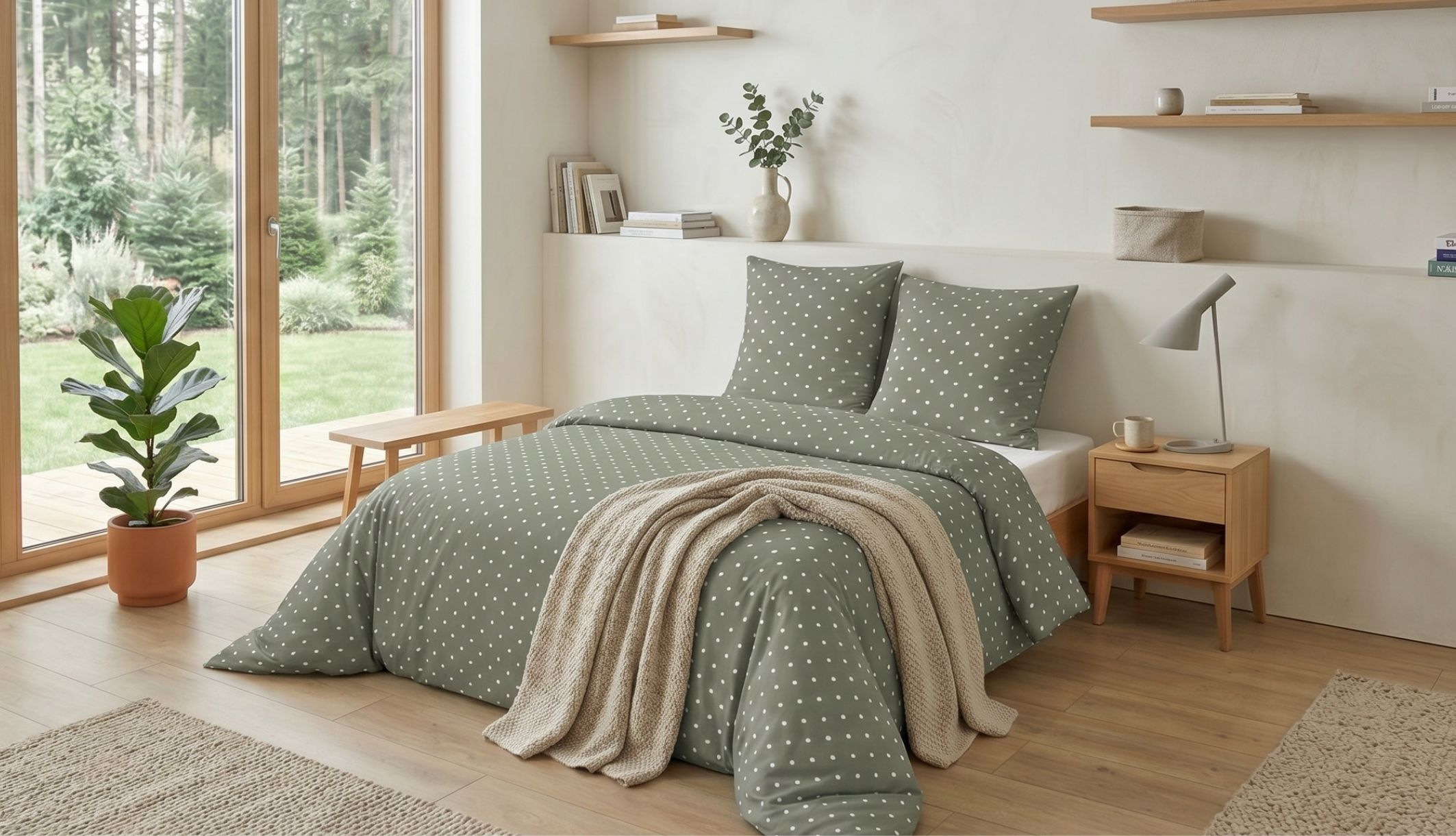 Deux taies d&#039;oreiller aux rayures intemporelles posées sur un lit baigné de soleil