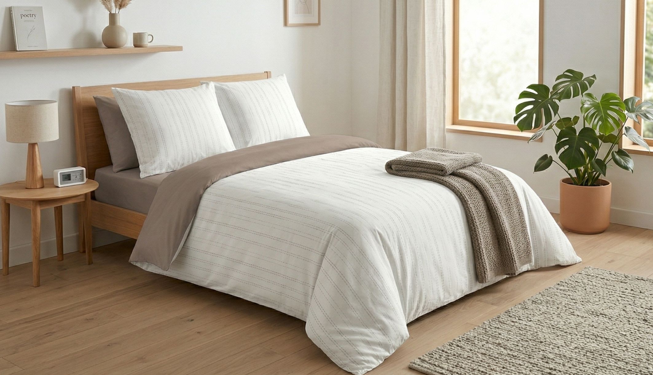 Parure de lit Ambre taupe à rayures fines dans une chambre au style scandinave épuré