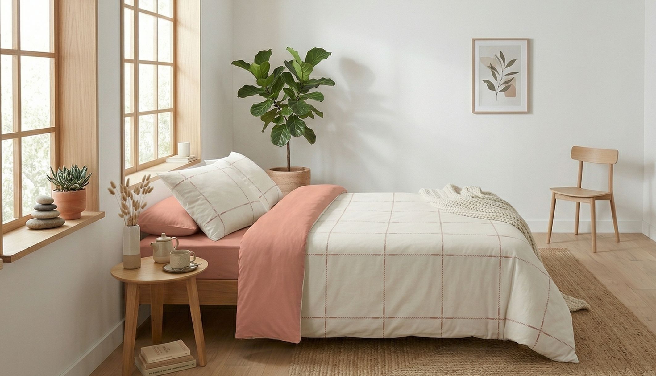 Parure de lit Axel terracotta à motif graphique dans une chambre scandinave lumineuse