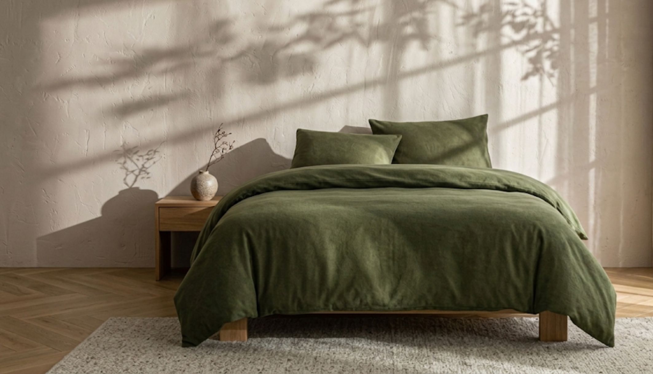 Parure de lit flanelle complète installée sur un grand lit double de chambre moderne
