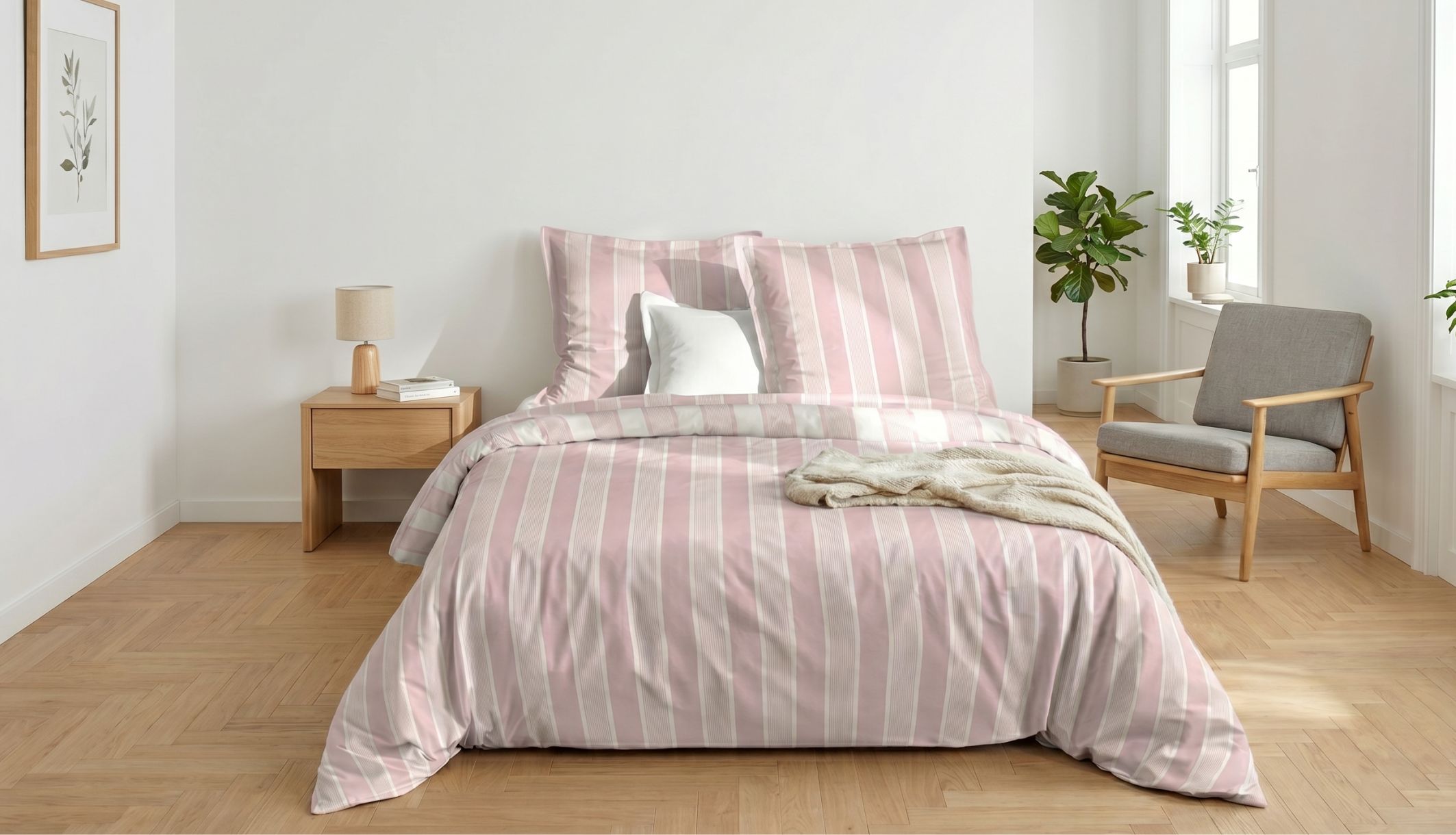 Deux taies d&#039;oreiller aux rayures intemporelles posées sur un lit baigné de soleil