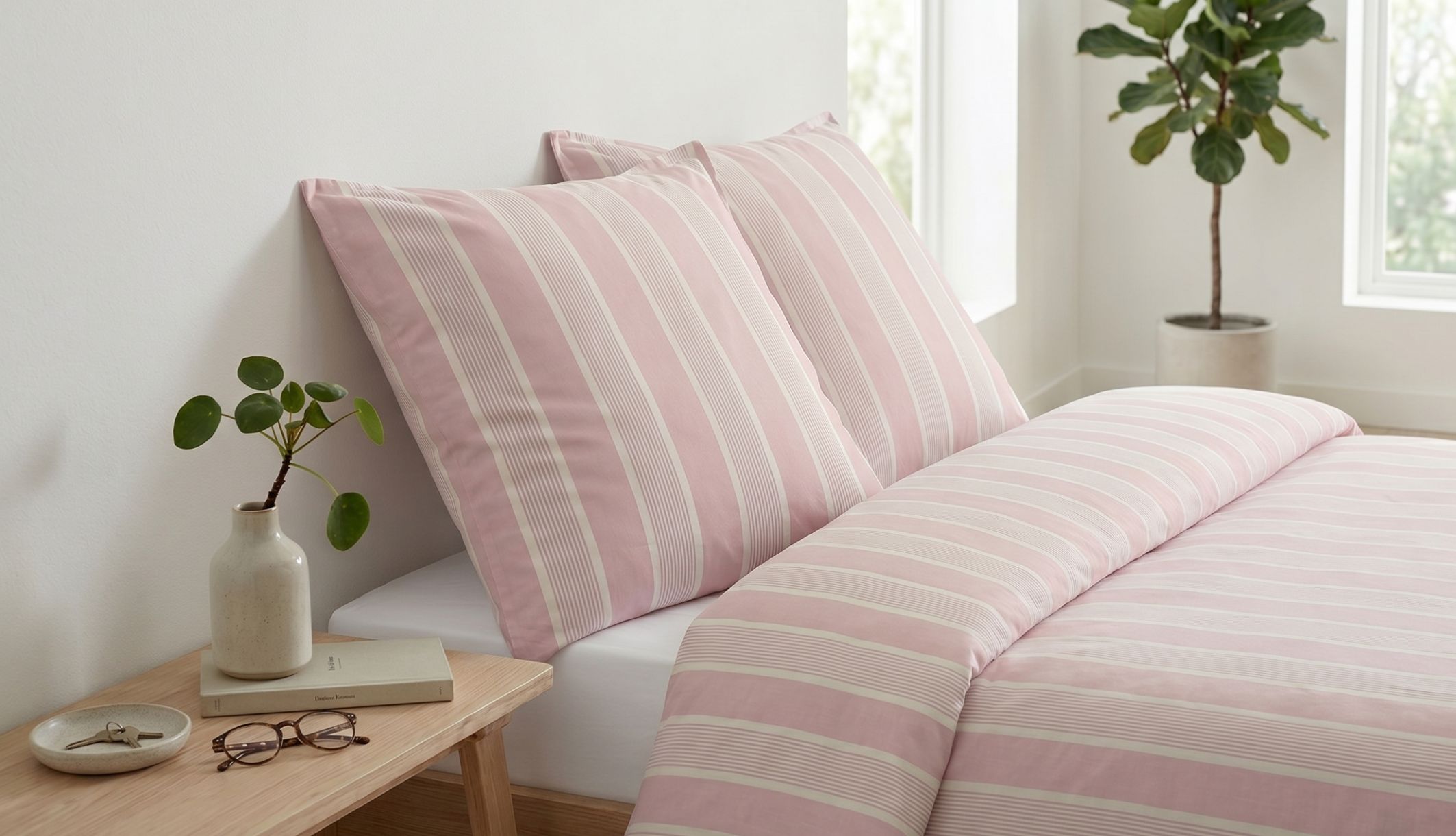 Lit double décoré avec la parure coton rayure rosalie dans une chambre lumineuse