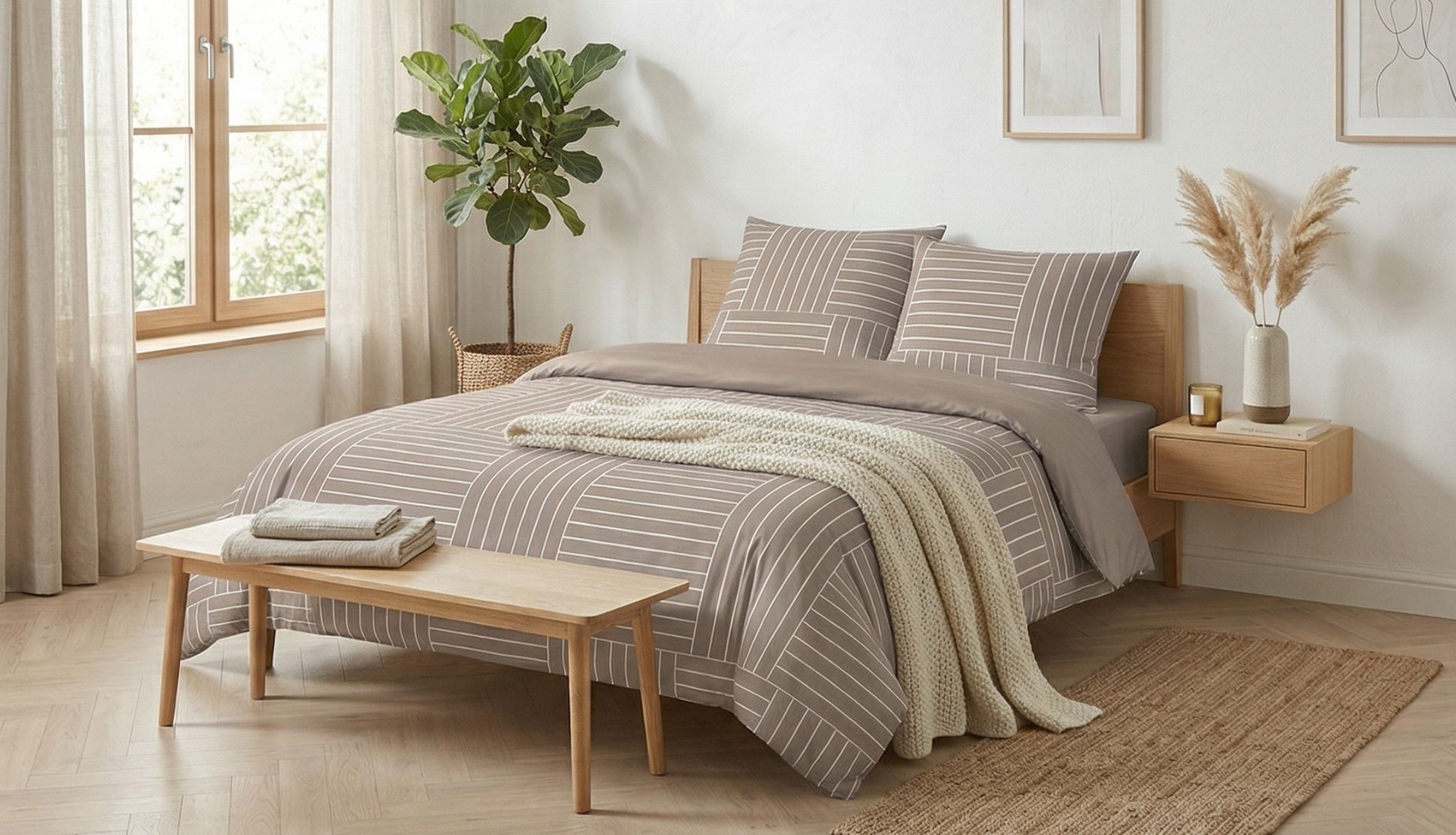 Parure de lit Tess à motif graphique dans une chambre scandinave lumineuse