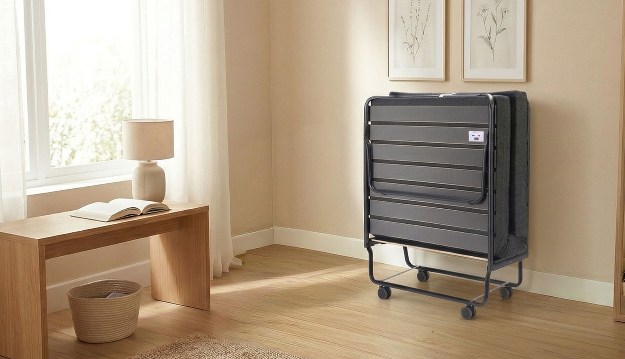 Lit d’appoint pliant sur roulettes avec matelas mousse 90x190 cm Terre de Nuit replié en chambre.