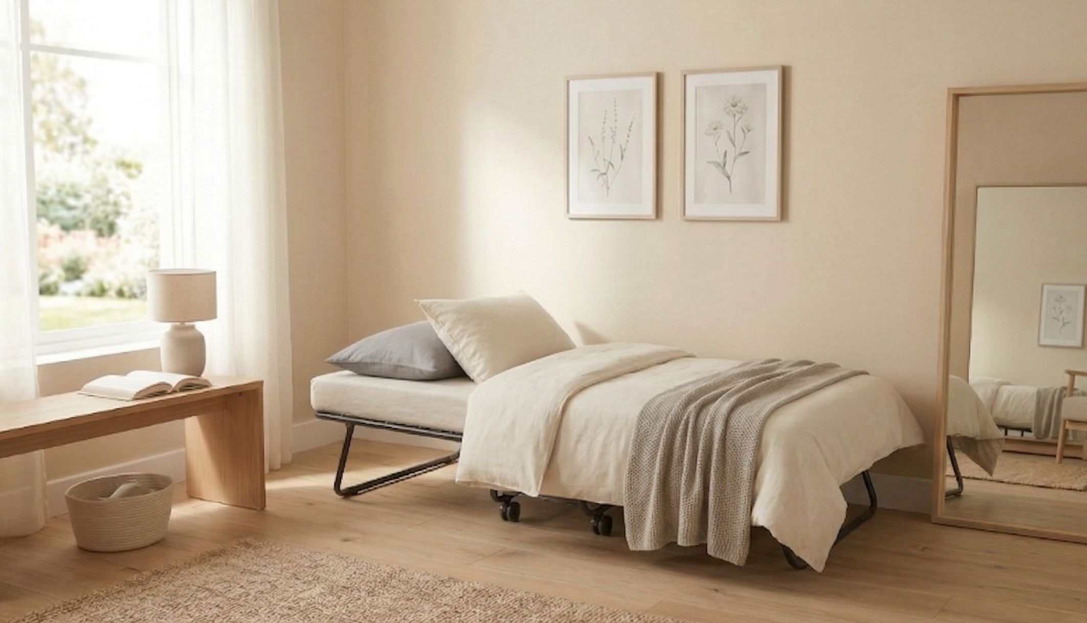 Lit d&#039;appoint pliant dressé avec couette et oreiller dans un intérieur moderne et lumineux.