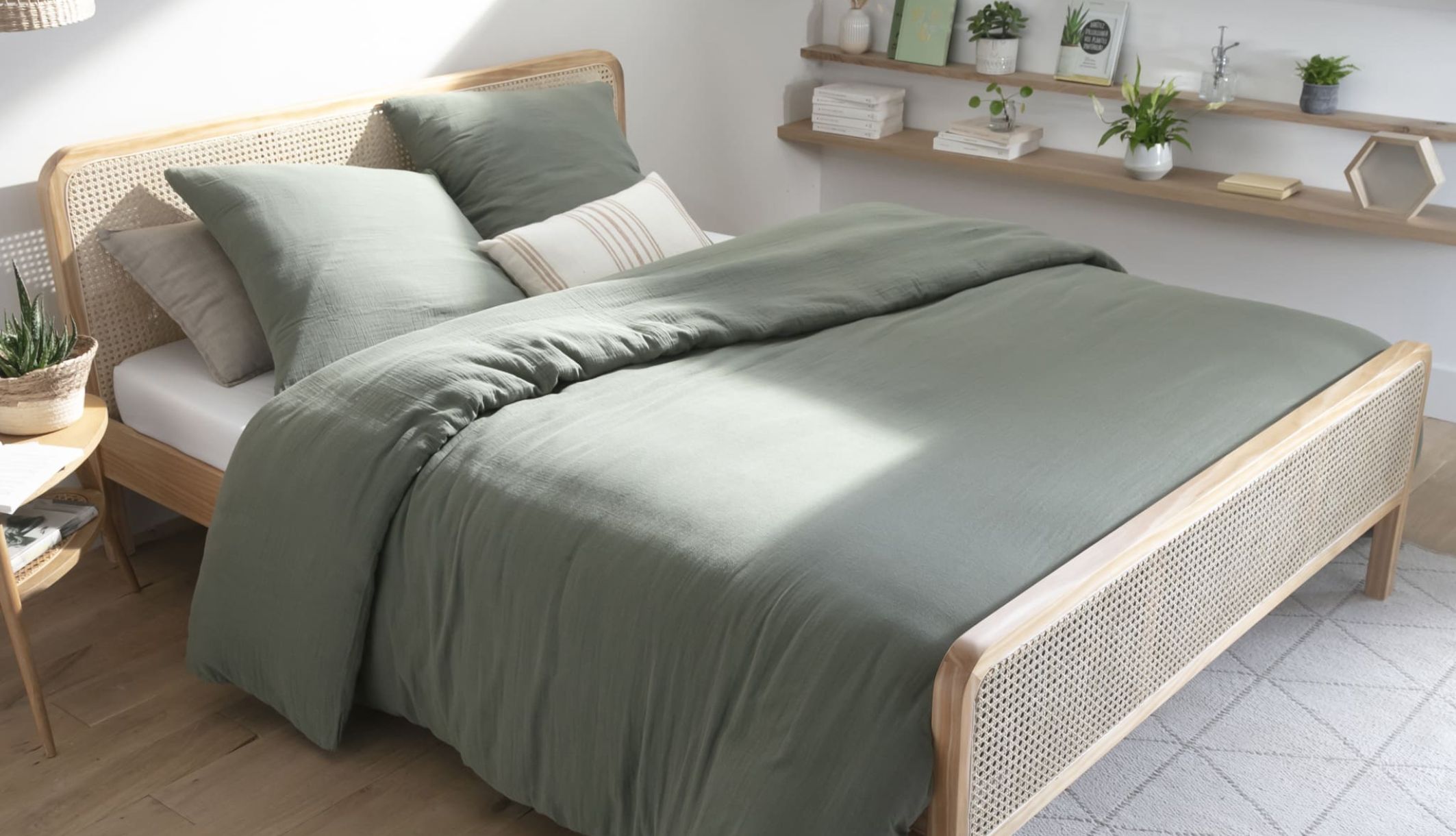 Lit cannage 2 places coloris naturel installé dans une chambre au design naturel