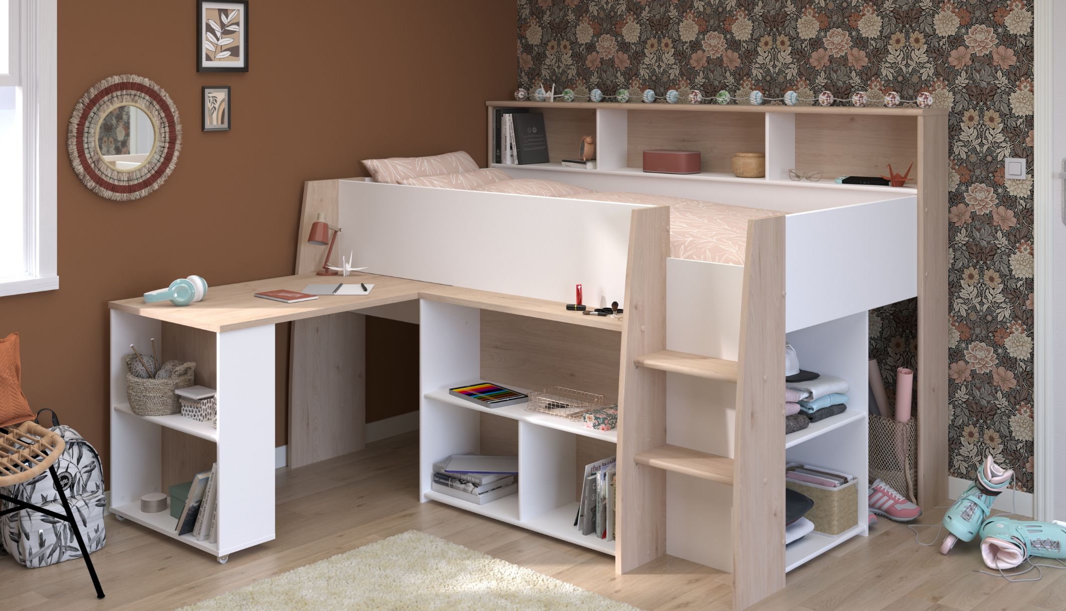 Lit mezzanine enfant Lucas Terre de Nuit blanc et bois avec bureau d&#039;angle et étagères.