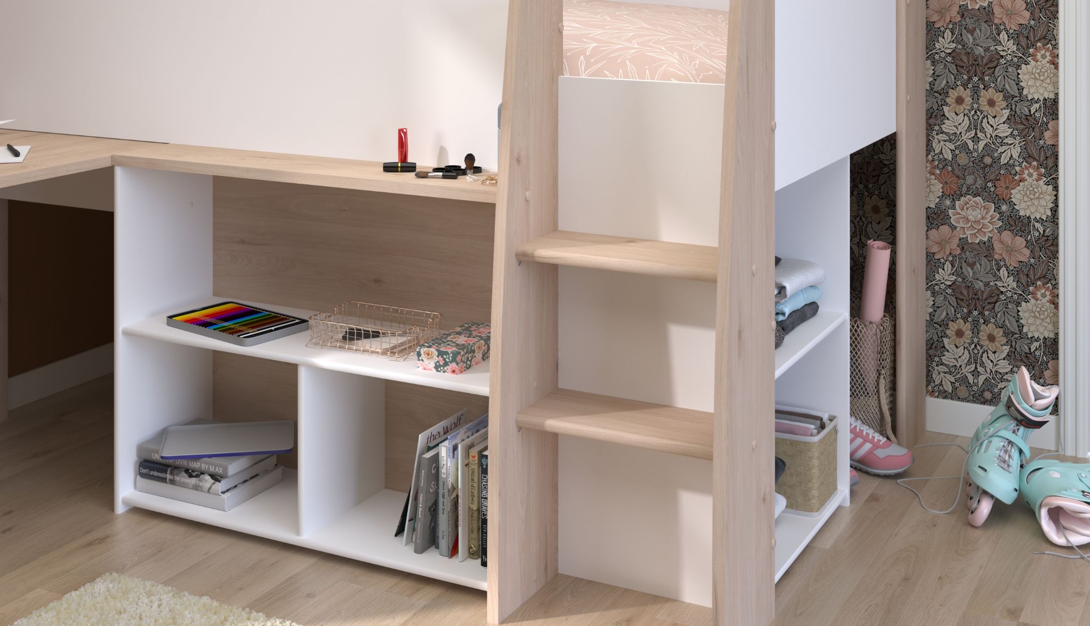 Zoom sur les rangements bas et l&#039;échelle d&#039;accès sécurisée du lit enfant Terre de Nuit.