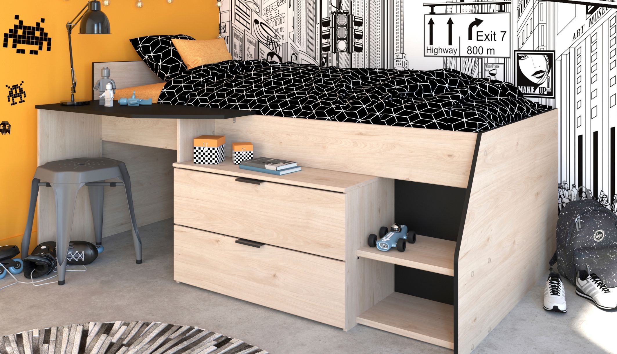 Lit mi-hauteur enfant bois avec bureau et rangements chêne et noir Terre de Nuit dans une chambre d&#039;enfant.