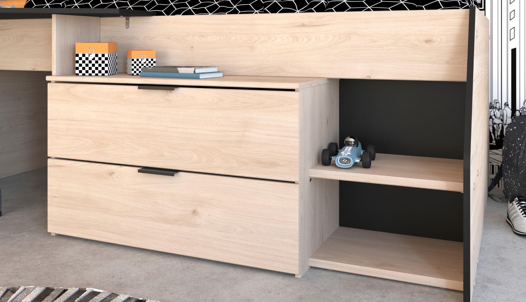 Focus sur les tiroirs et les niches de rangement du lit mi-hauteur en bois coloris chêne clair.