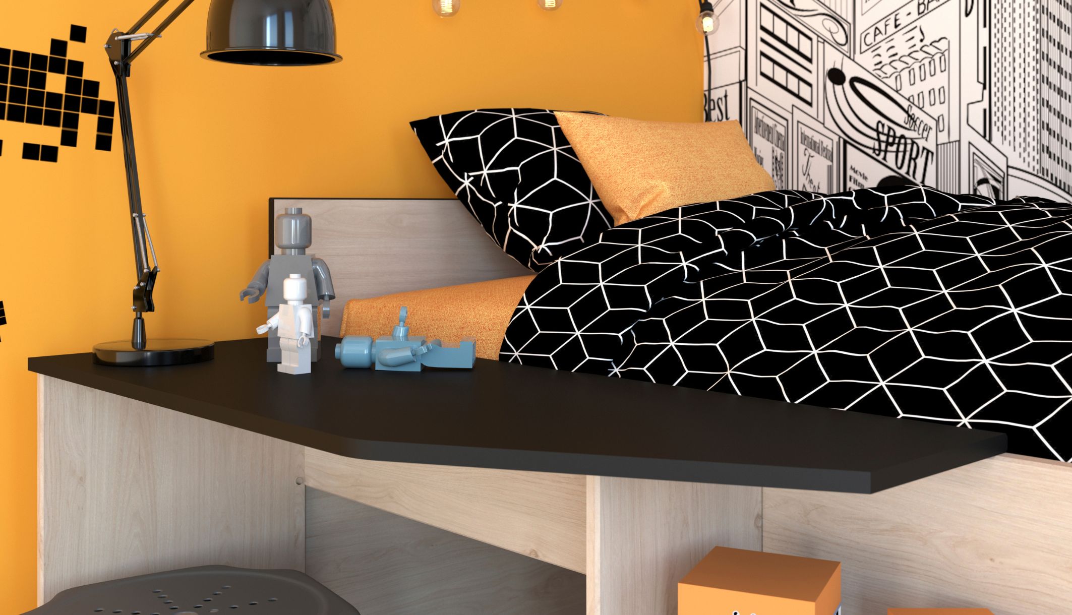 Détail du grand plateau de bureau noir intégré au lit mi-hauteur enfant pour l&#039;espace travail.