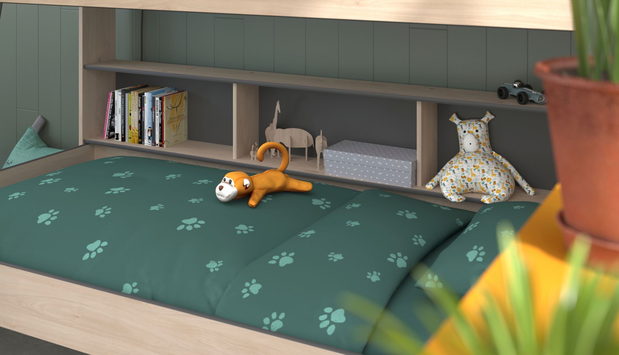 Détail des niches de chevet intégrées au lit superposé avec rangements Terre de Nuit.