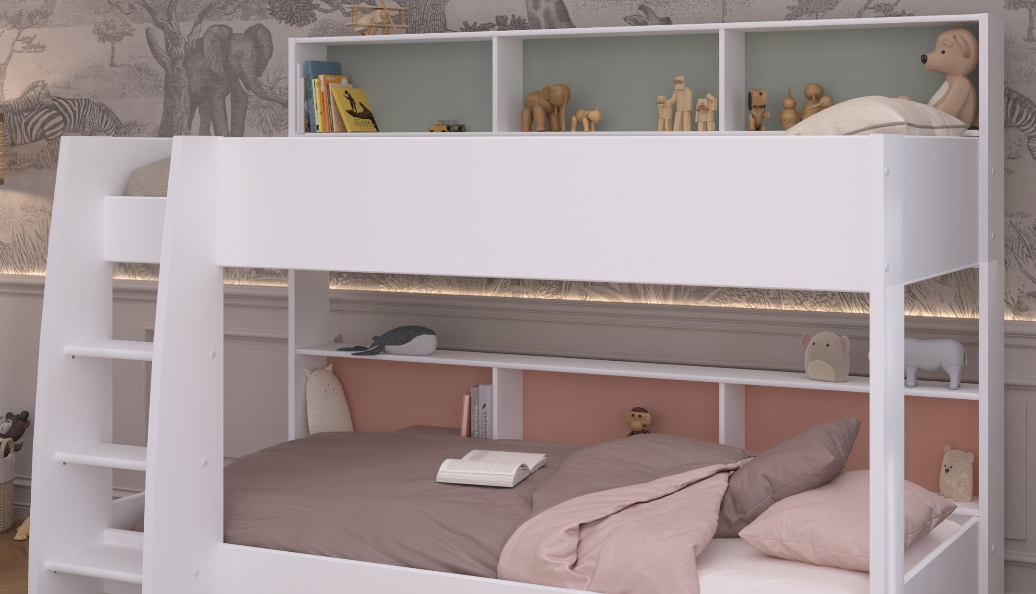 Lit enfant superposé blanc avec fonds de niches colorés terracotta et vert céladon.