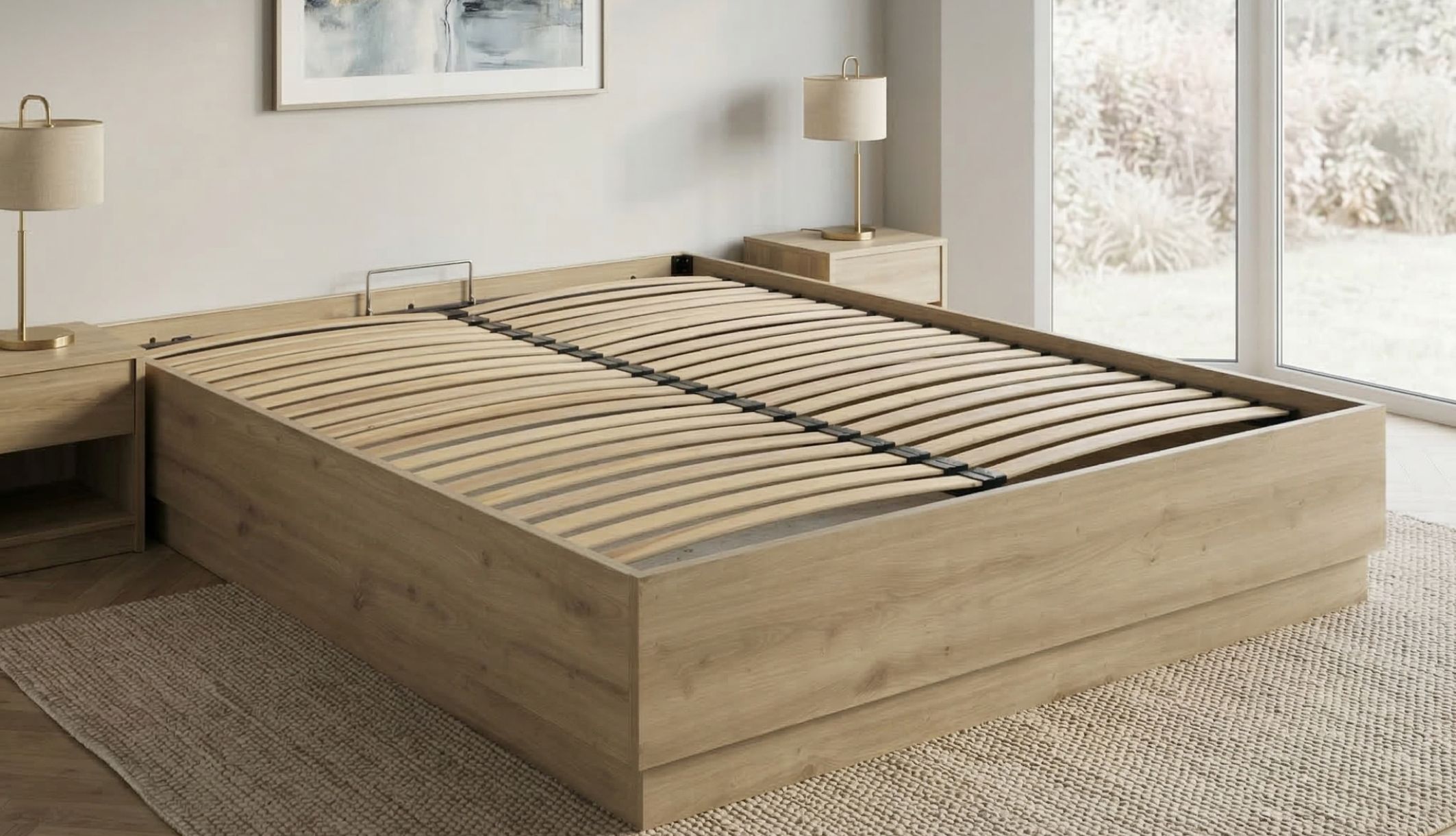 Lit coffre en bois décor chêne pour une chambre naturelle