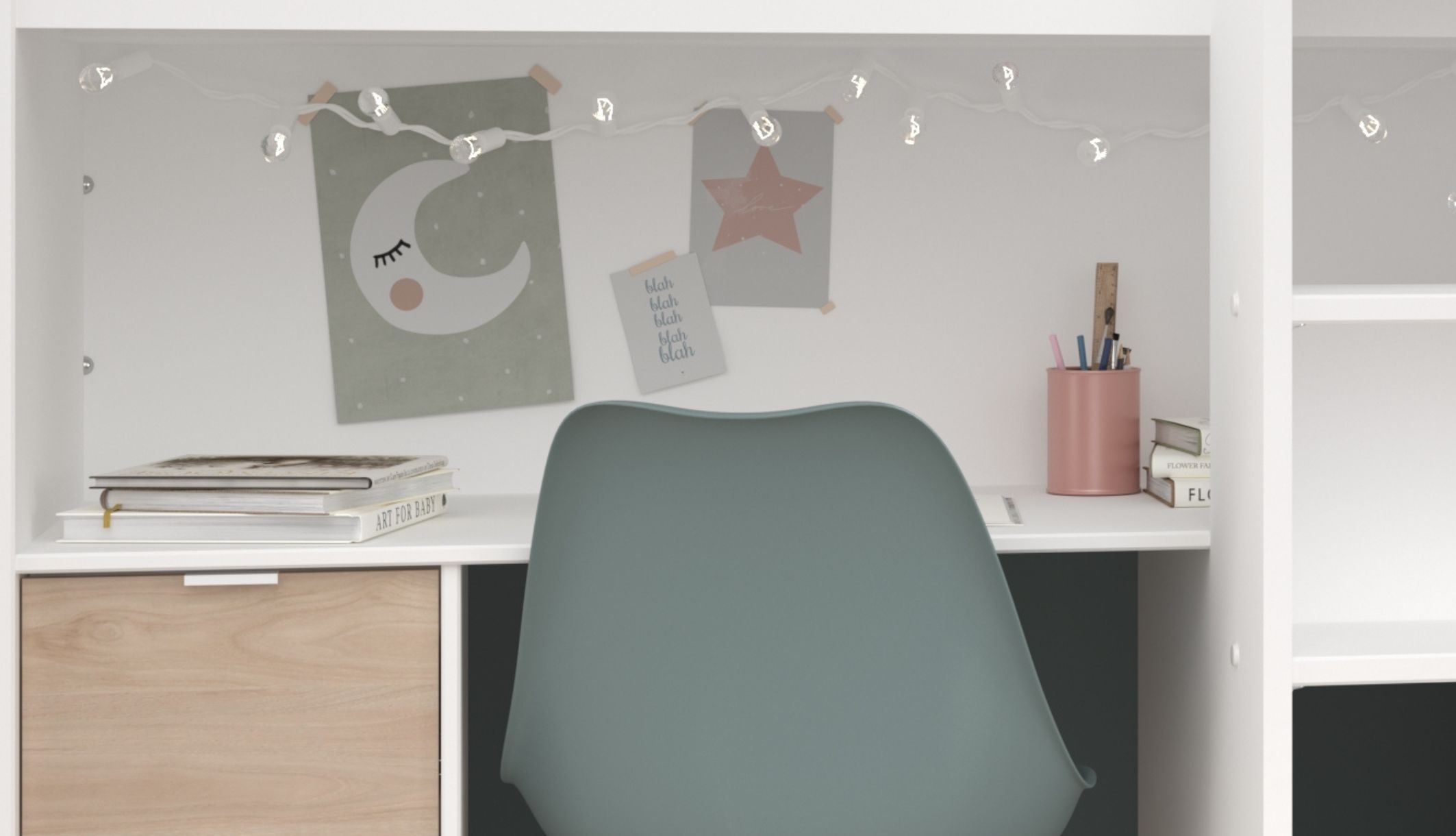 Bureau intégré sous le lit combiné multifonctions Terre de Nuit avec tiroir et rangements.