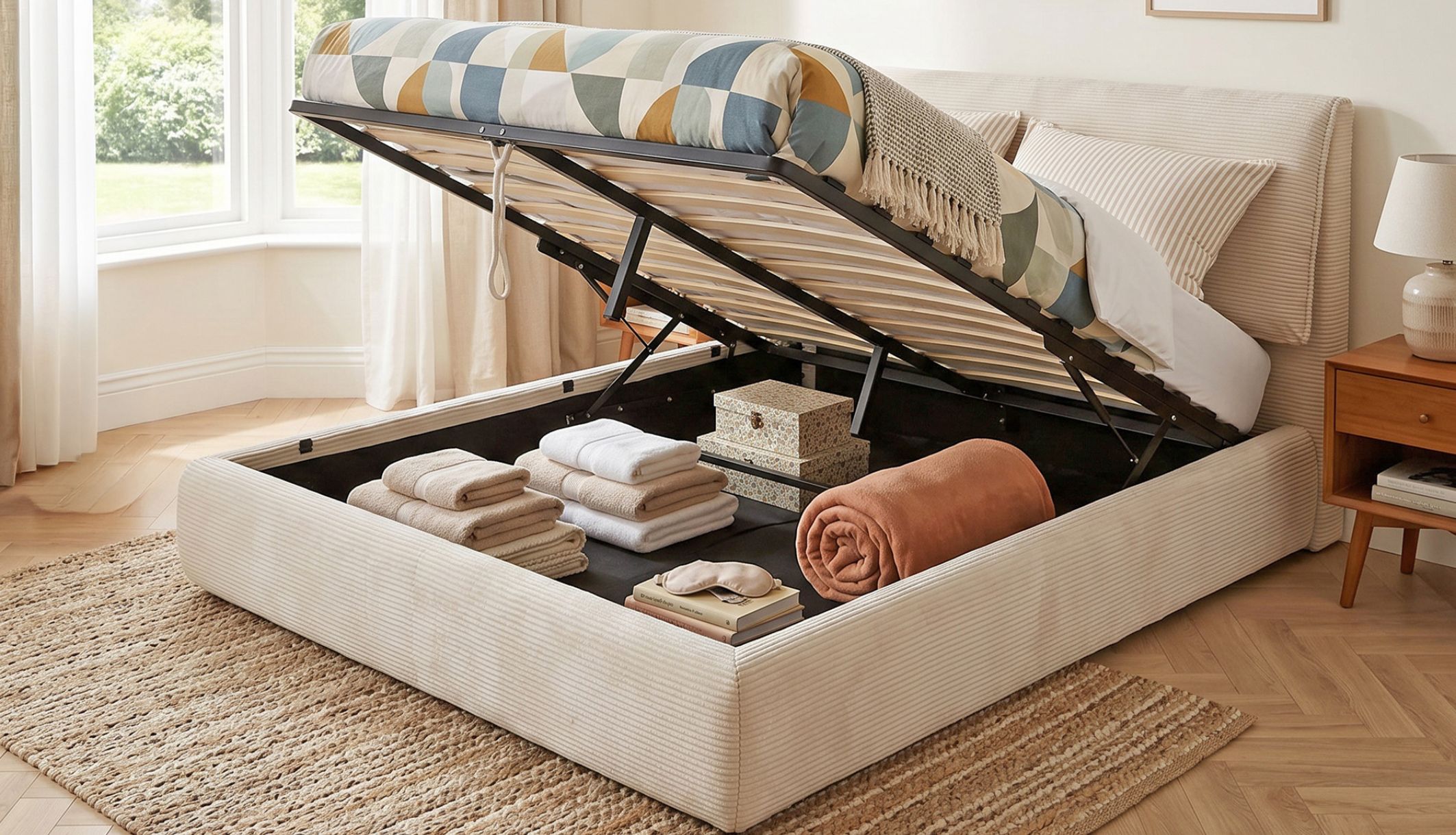 Lit coffre velours côtelé beige avec tête de lit dans une chambre moderne