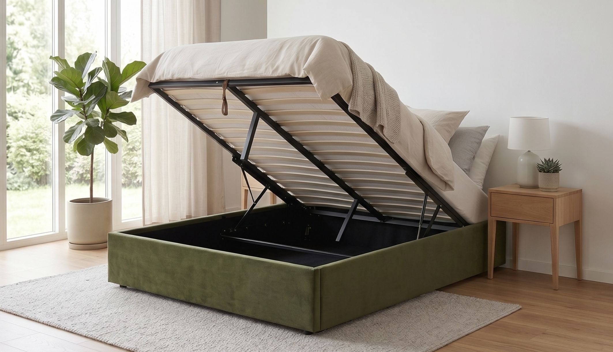 Lit coffre kaki ouvert montrant l&#039;immense espace de rangement disponible 