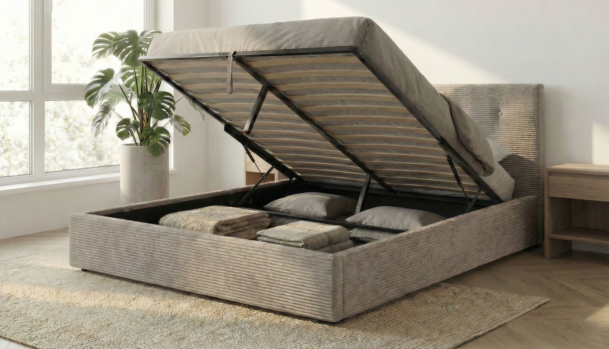 Visuels du lit coffre en velours ouvert montrant la capacité de rangement