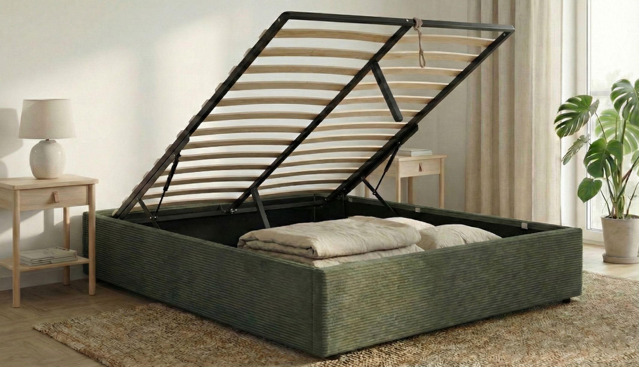 Lit coffre velours avec une ouverture simple et sans efforts