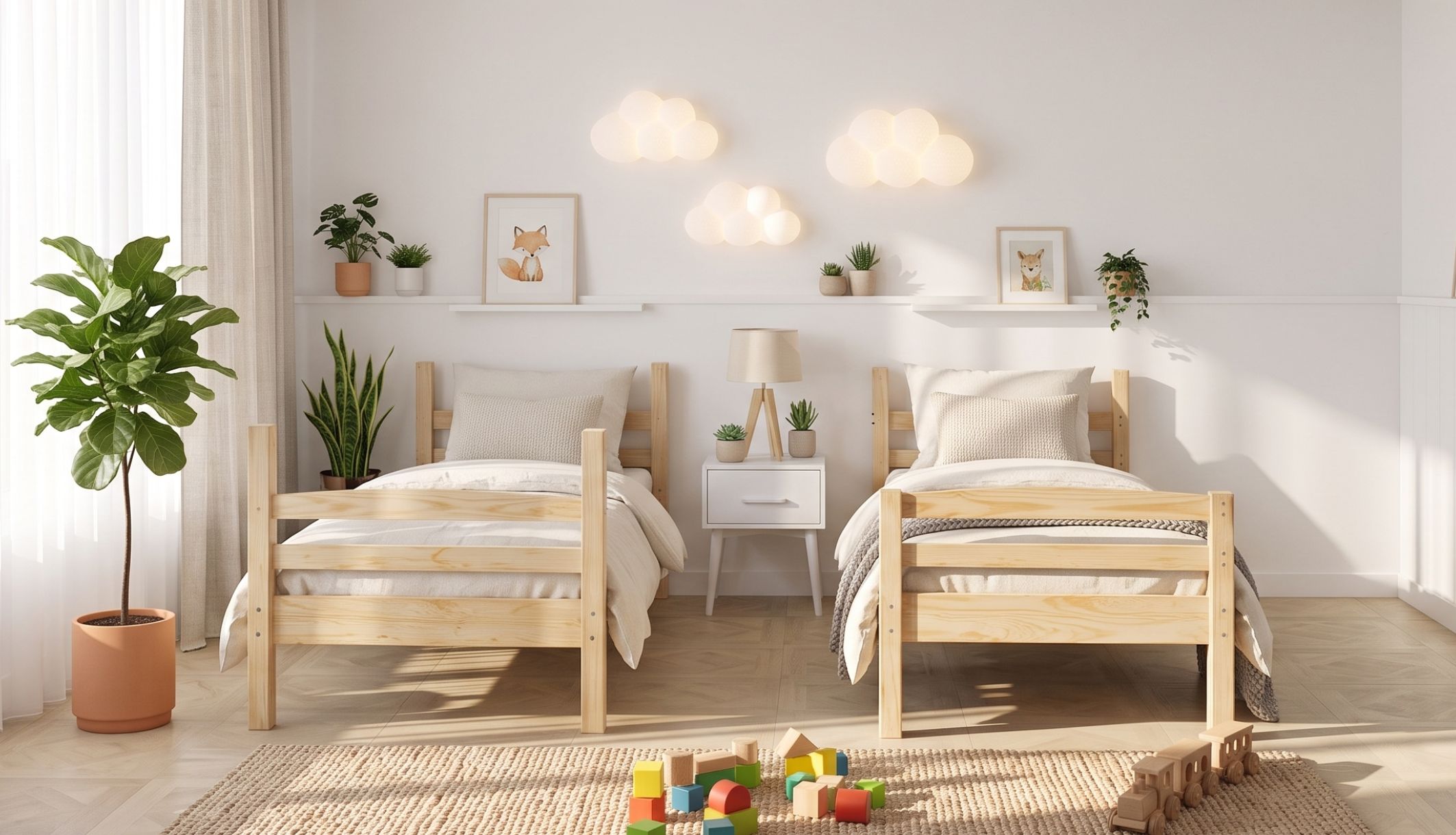Ambiance de chambre cocooning avec les lits séparés