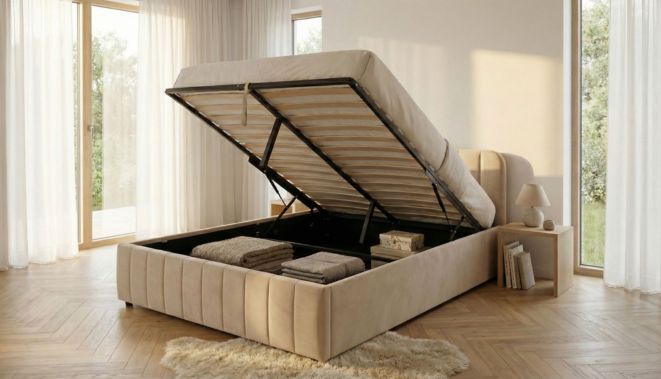 Visuels du lit coffre en velours ouvert montrant la capacité de rangement