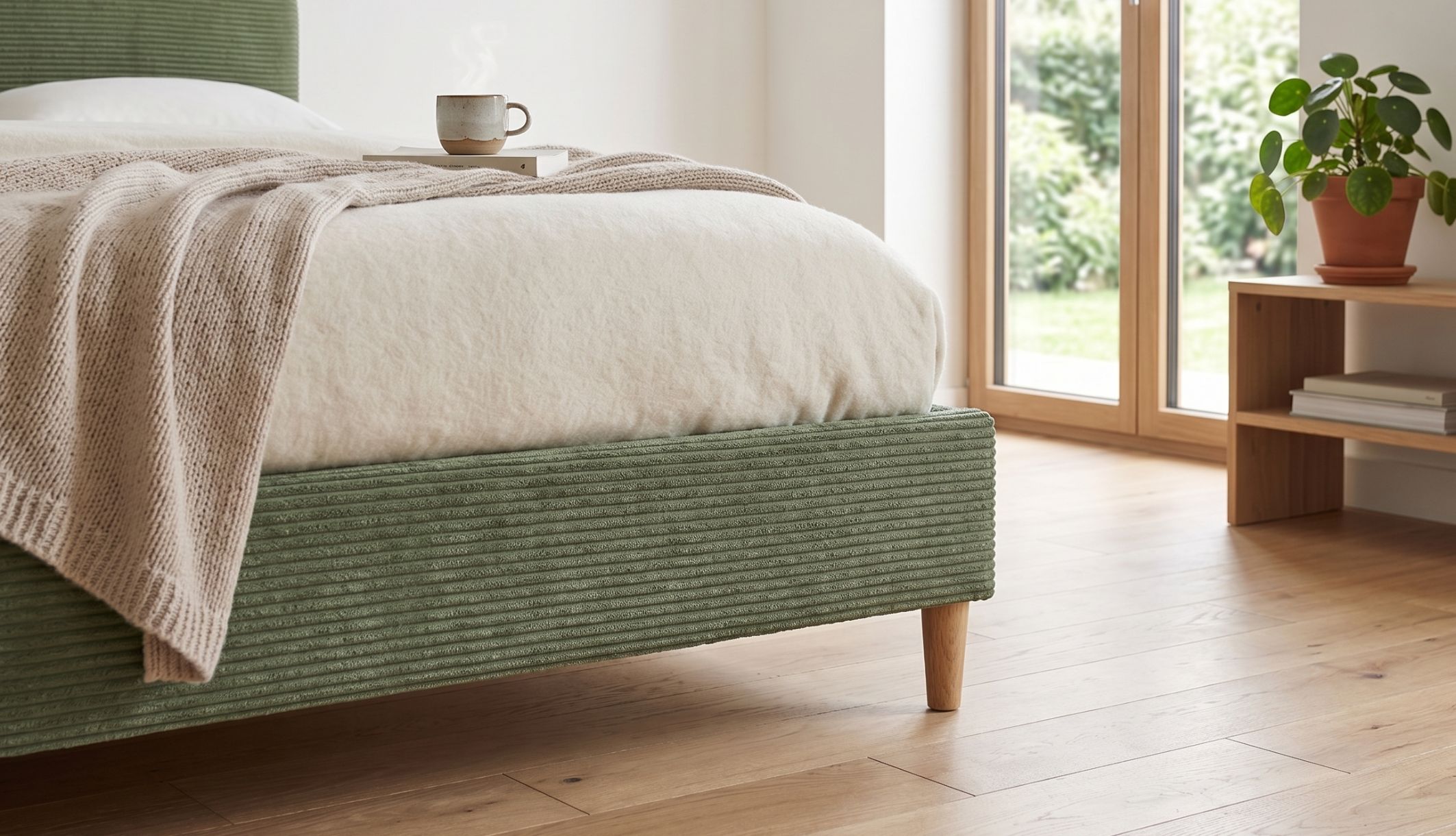 Lit velours vert avec sommier à lattes apparent et pieds en bois massif