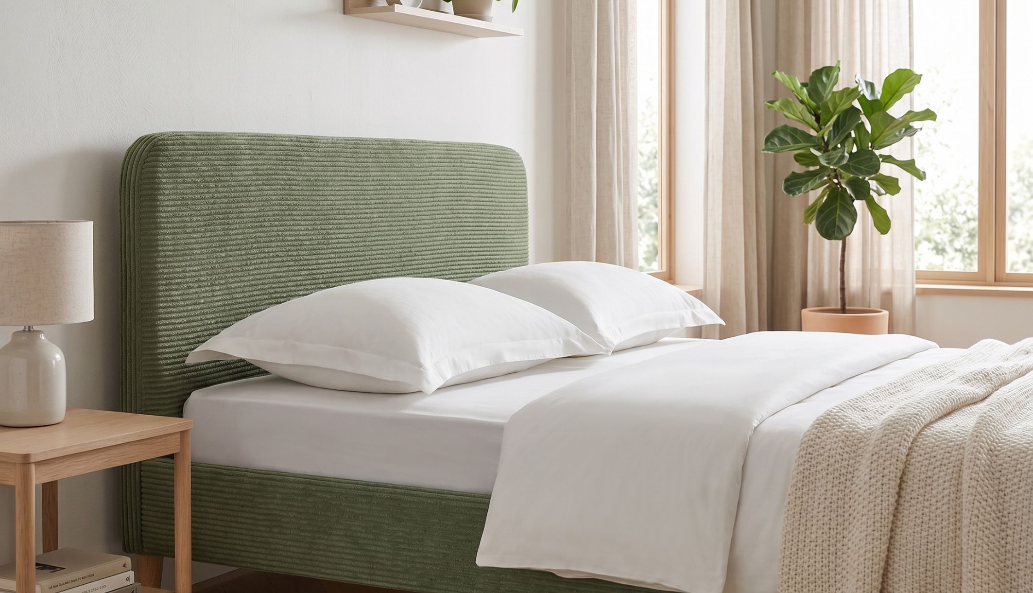 Lit velours vert côtelé dans une chambre au style scandinave avec lumière naturelle