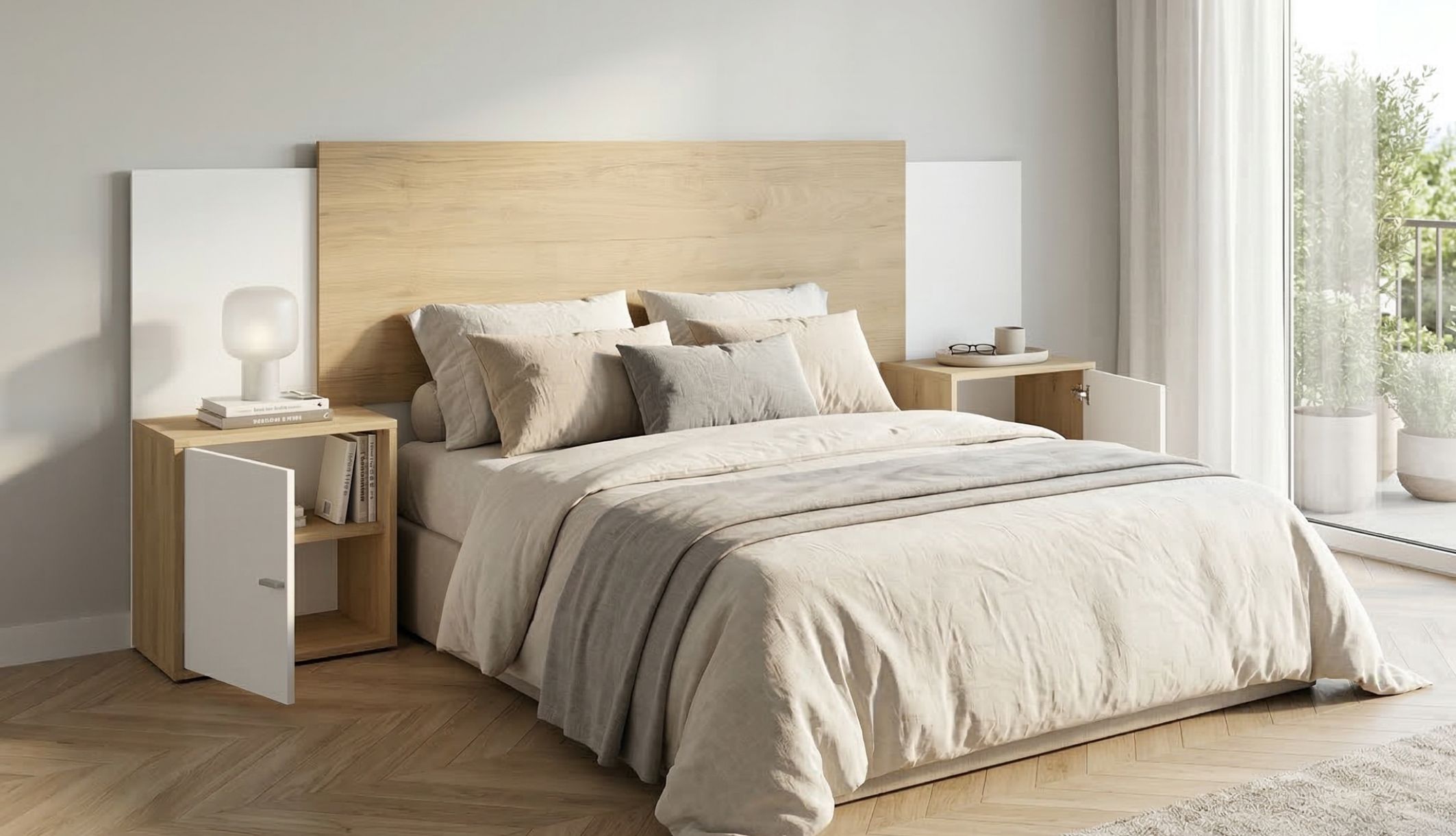 Tête de lit en bois extensible avec chevets Terre de Nuit Alix aménagée en chambre.