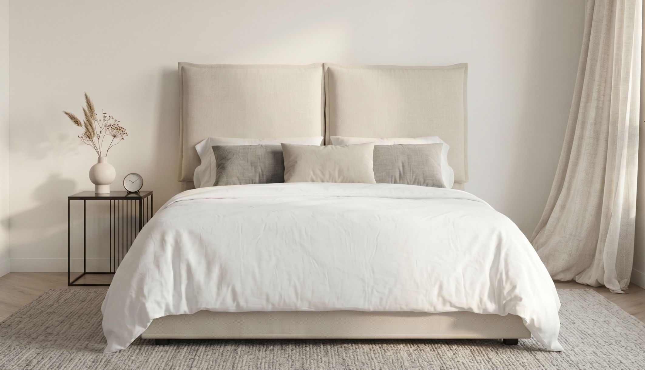 Tête de lit beige esign minimaliste dans une chambre moderne avec éclairage naturel et déco épurée