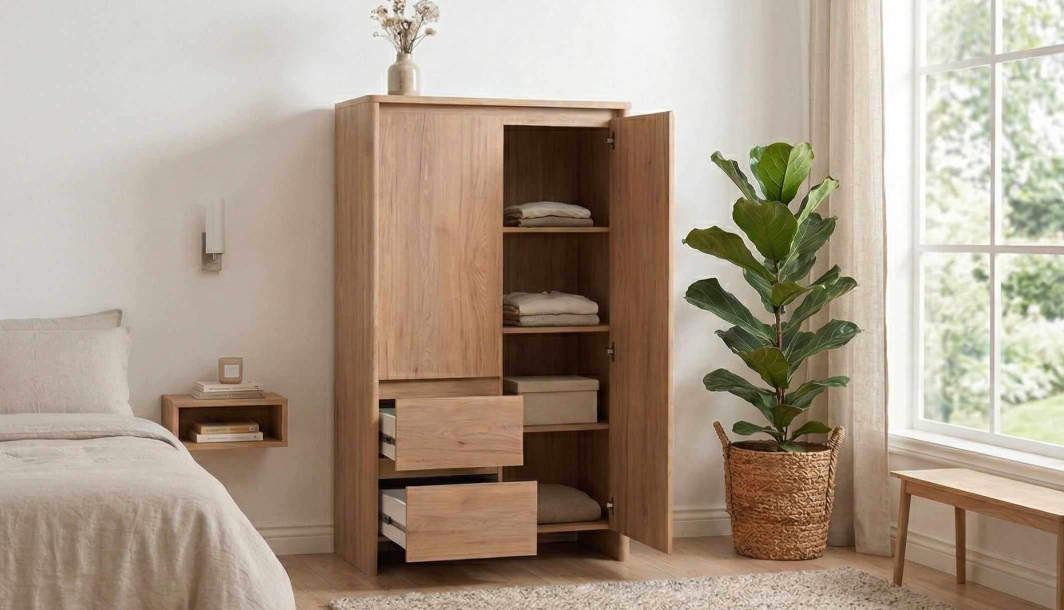 Armoire en bois ouverte pour montrer la capacité de rangement 