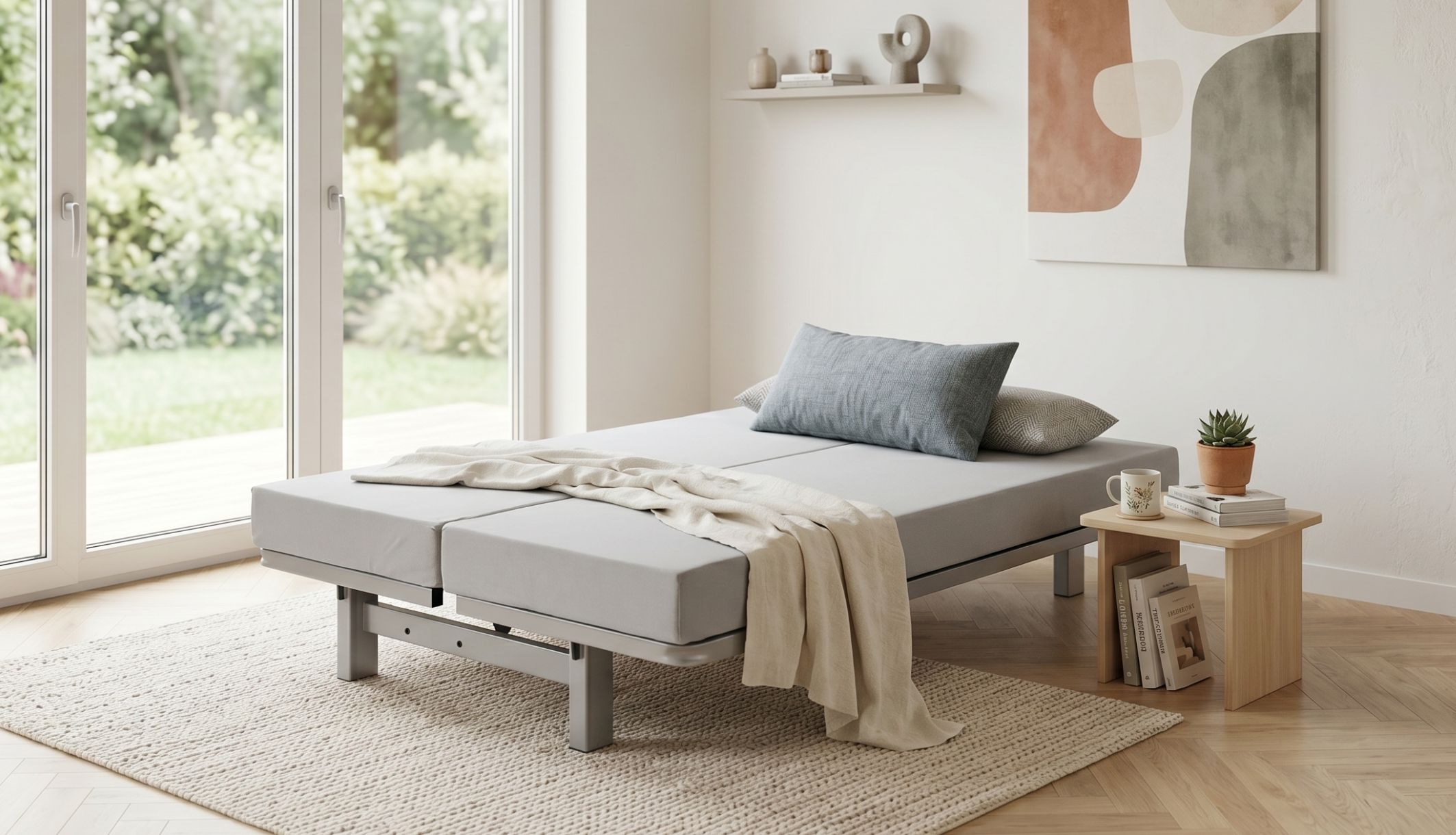 Banquette clic-clac avec matelas 10 cm installé dans un salon moderne