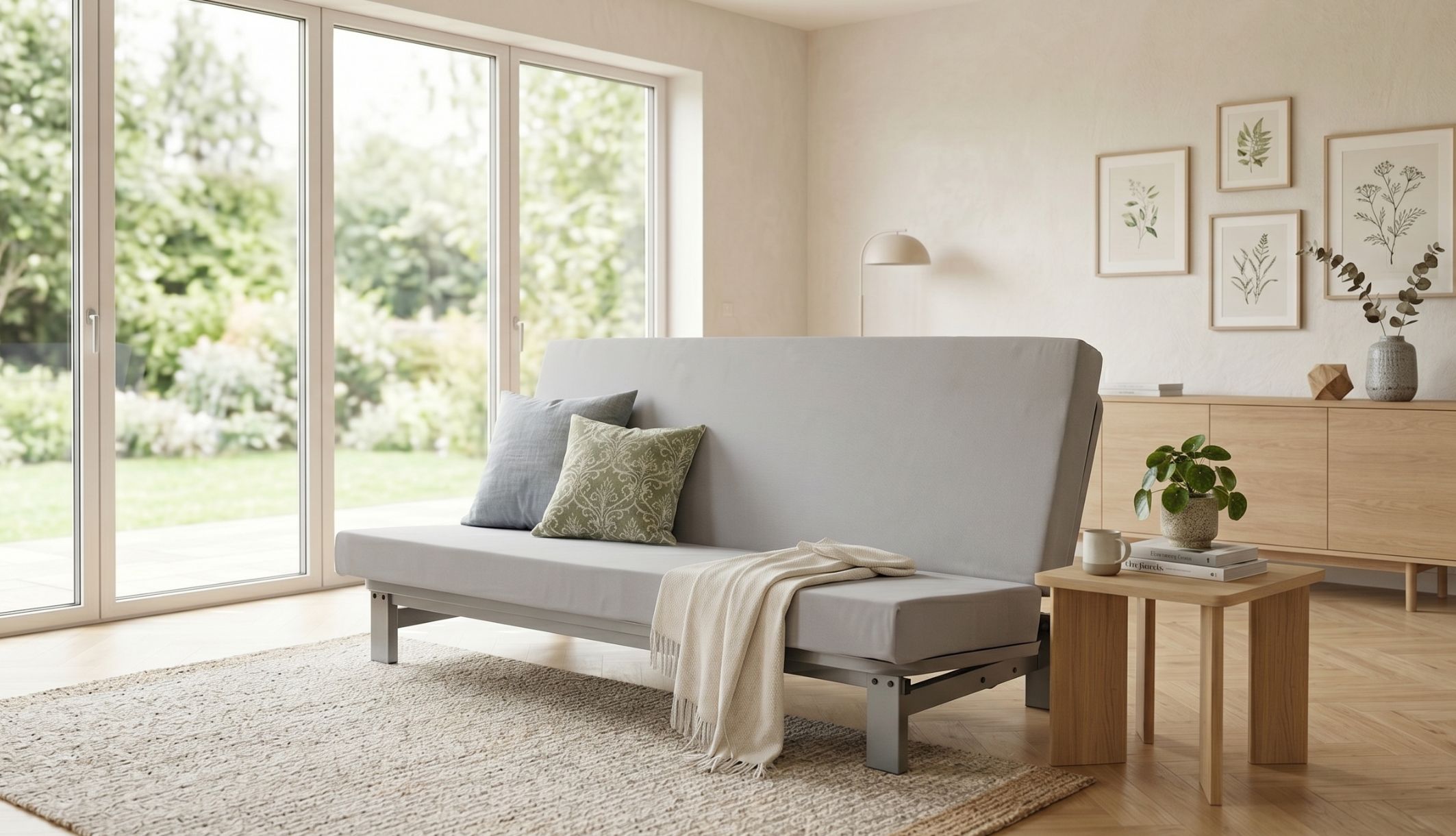 Banquette clic-clac avec matelas en mode canapé dans un salon.